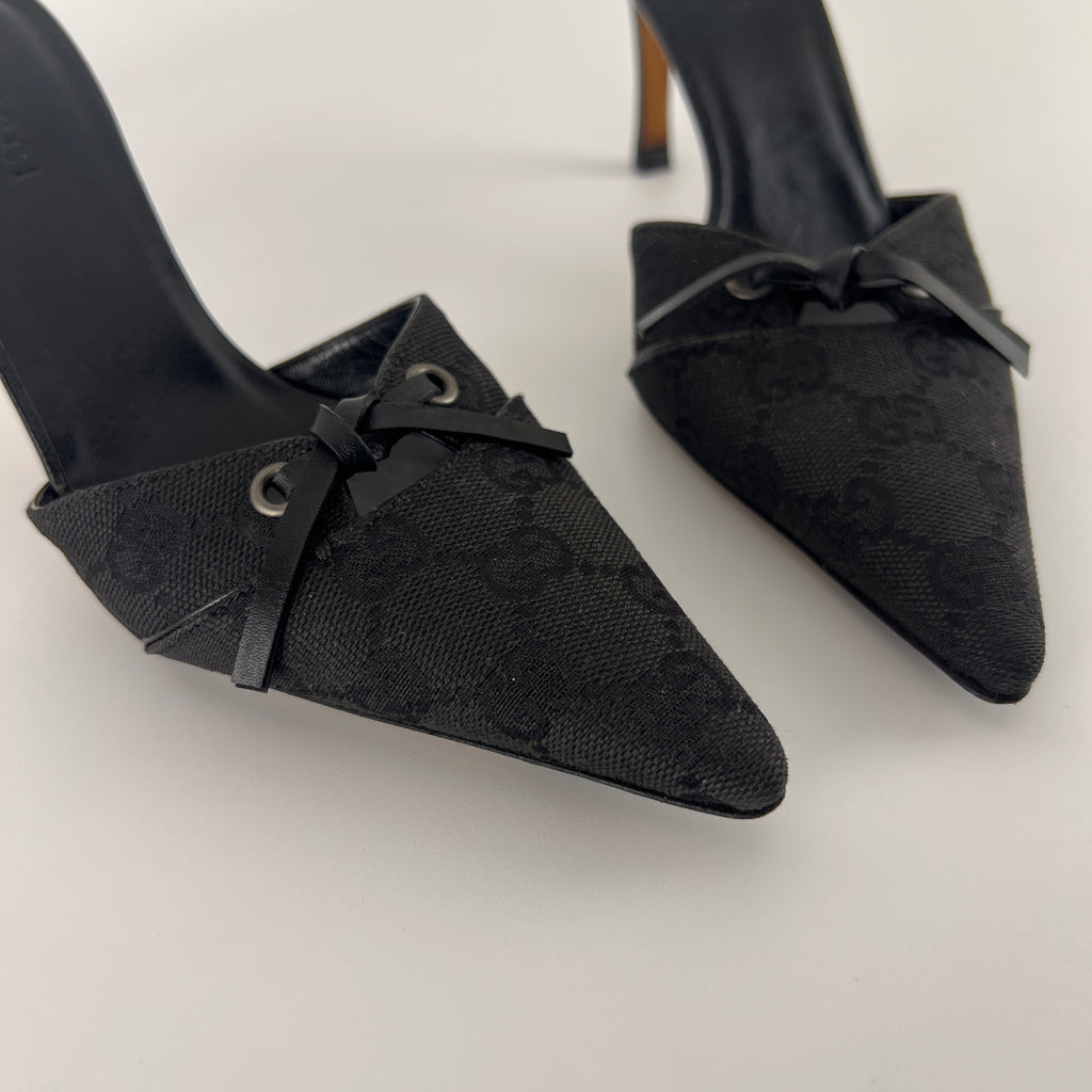 Gucci | Tom Ford Era Black GG Monogram Canvas Ribbon Pointed Toe Mules (34)