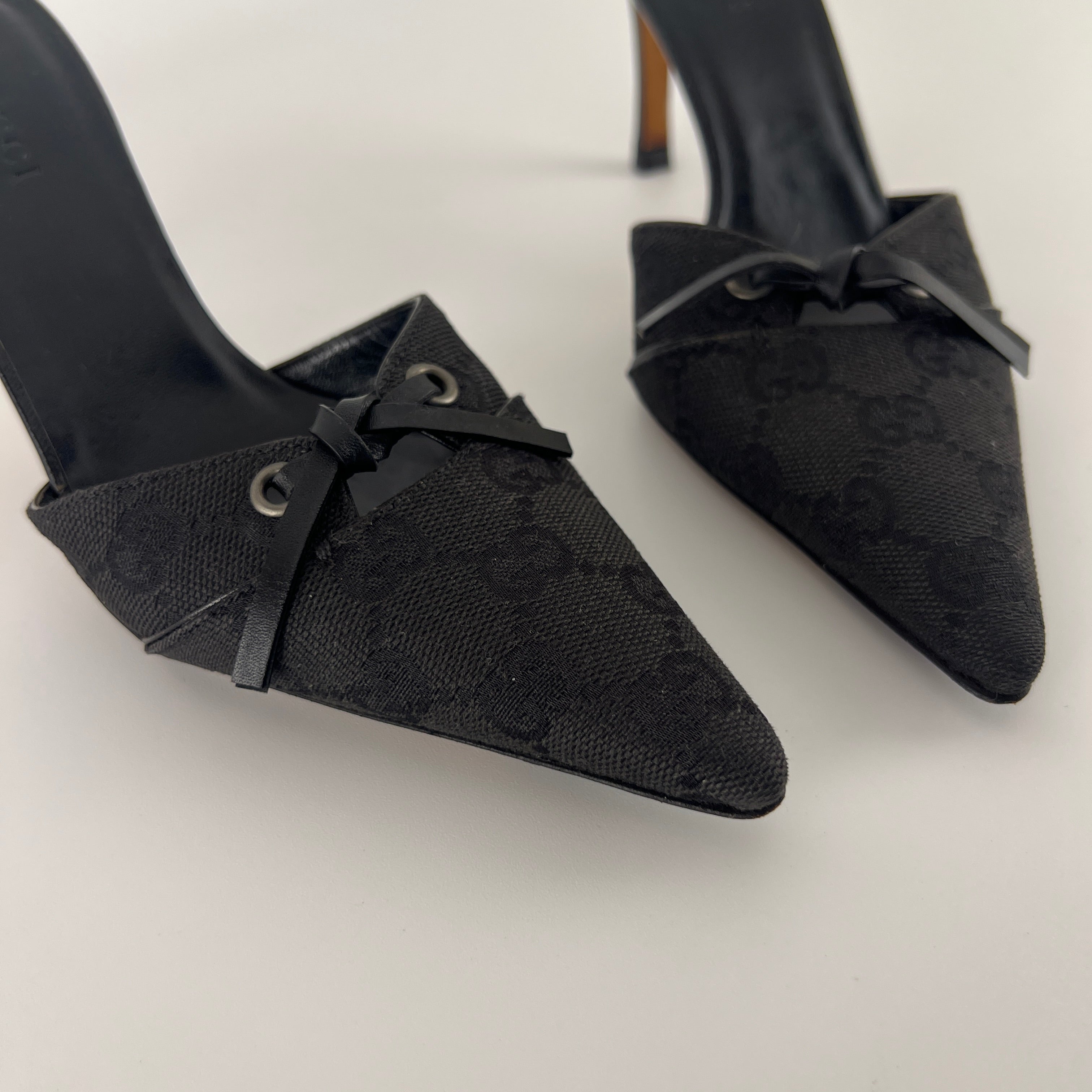Gucci | Tom Ford Era Black GG Monogram Canvas Ribbon Pointed Toe Mules (34)