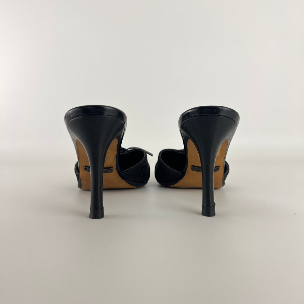 Gucci | Tom Ford Era Black GG Monogram Canvas Ribbon Pointed Toe Mules (34)