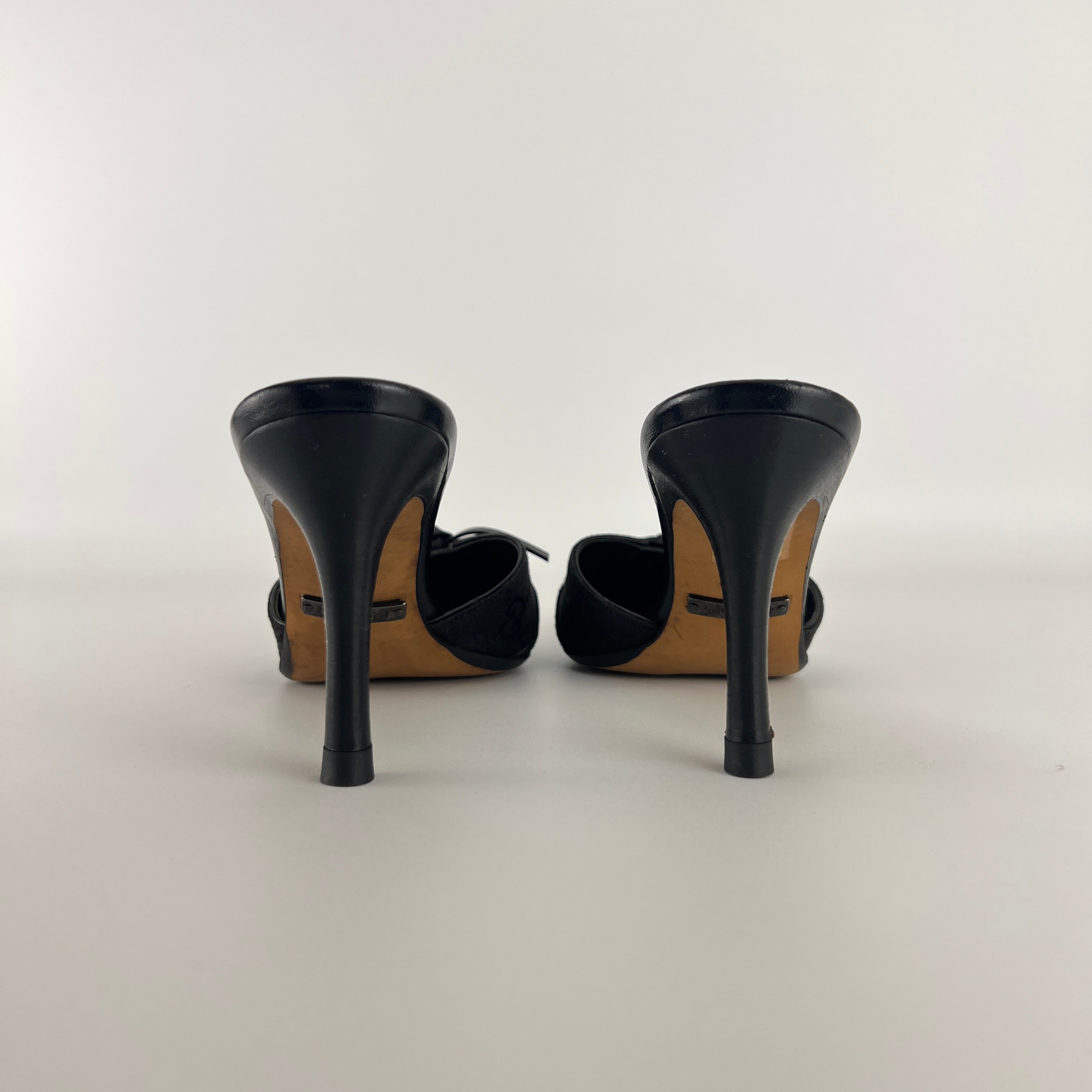 Gucci | Tom Ford Era Black GG Monogram Canvas Ribbon Pointed Toe Mules (34)