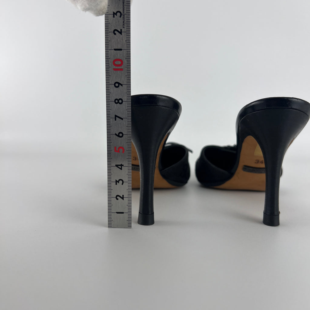 Gucci | Tom Ford Era Black GG Monogram Canvas Ribbon Pointed Toe Mules (34)