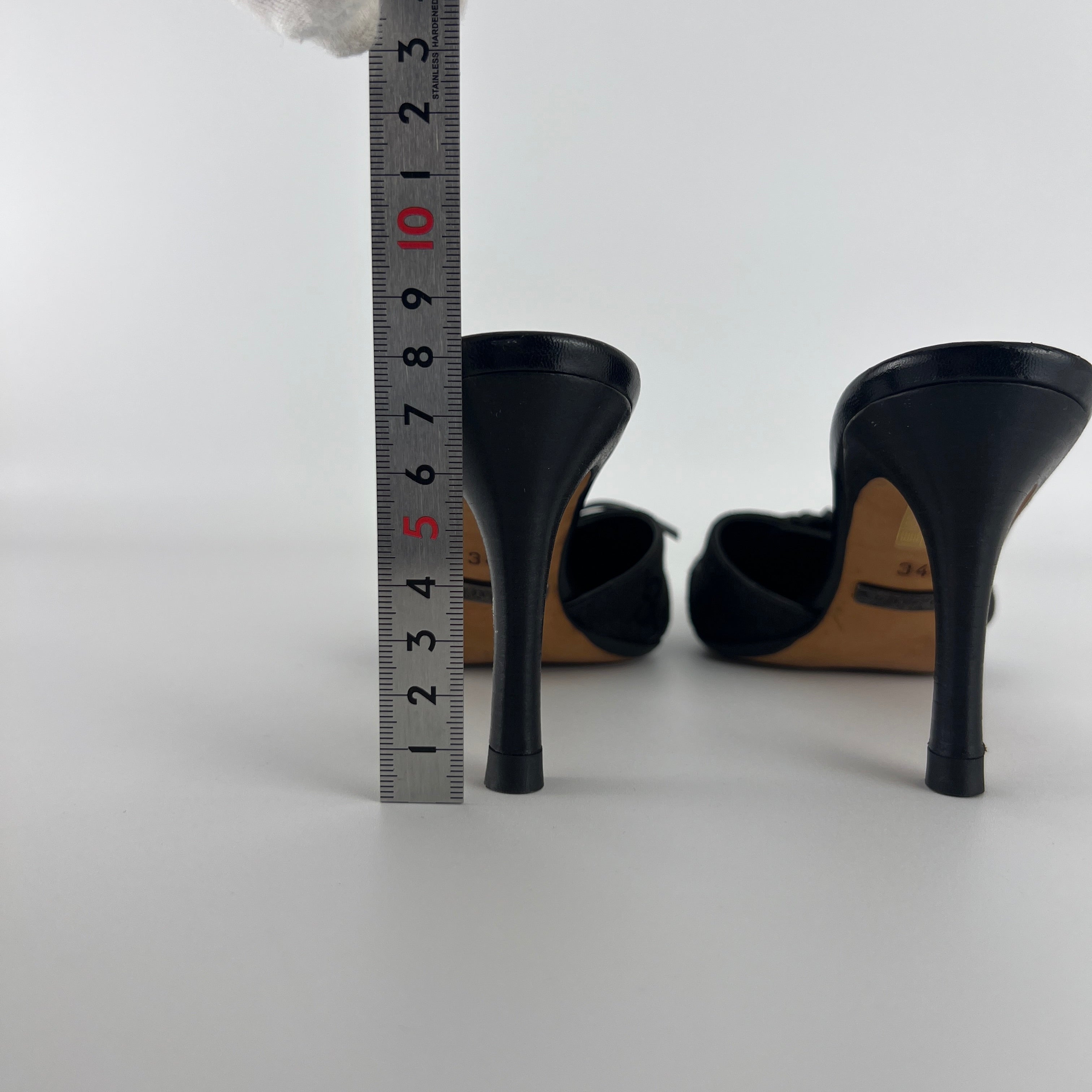 Gucci | Tom Ford Era Black GG Monogram Canvas Ribbon Pointed Toe Mules (34)