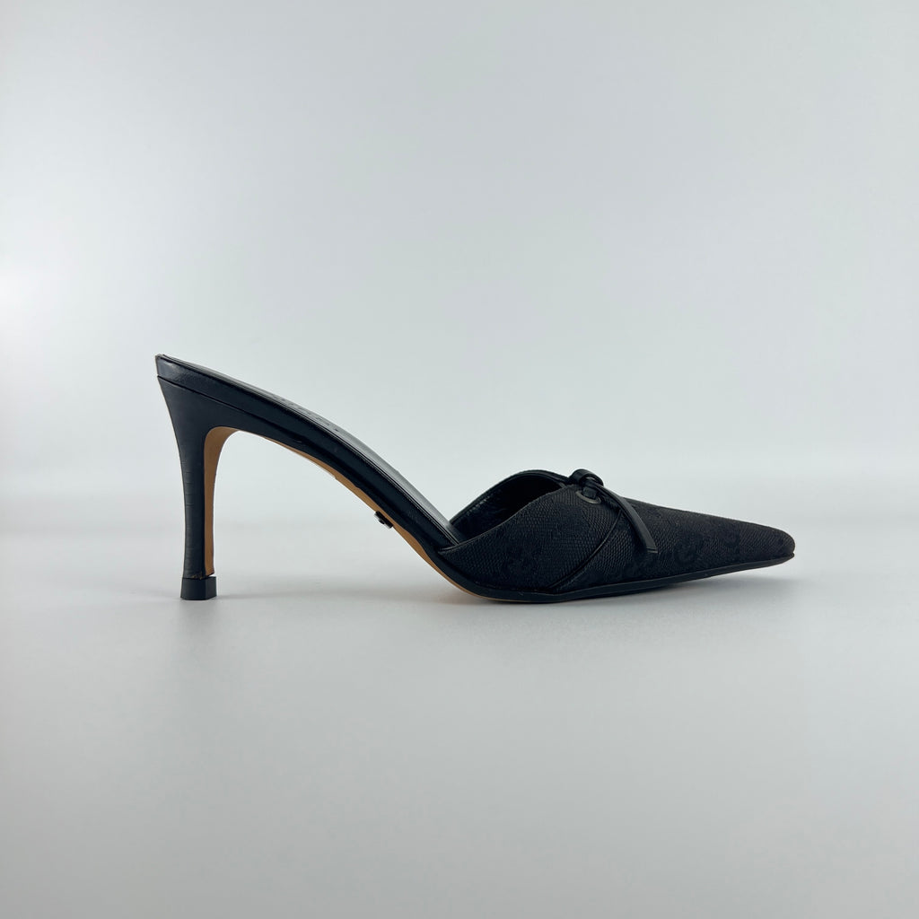 Gucci | Tom Ford Era Black GG Monogram Canvas Ribbon Pointed Toe Mules (34)