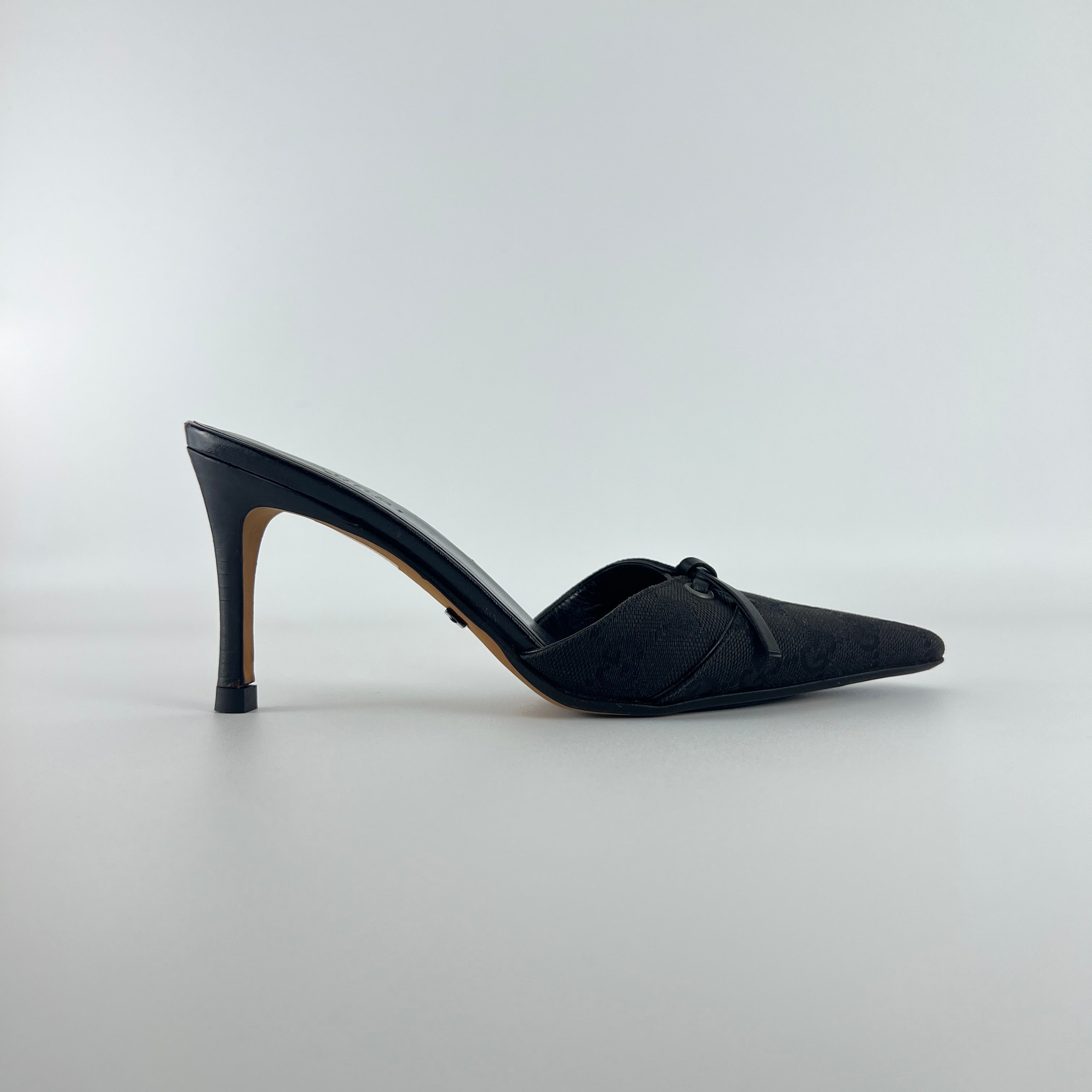 Gucci | Tom Ford Era Black GG Monogram Canvas Ribbon Pointed Toe Mules (34)