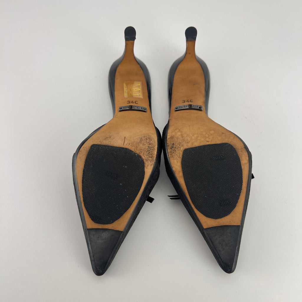 Gucci | Tom Ford Era Black GG Monogram Canvas Ribbon Pointed Toe Mules (34)