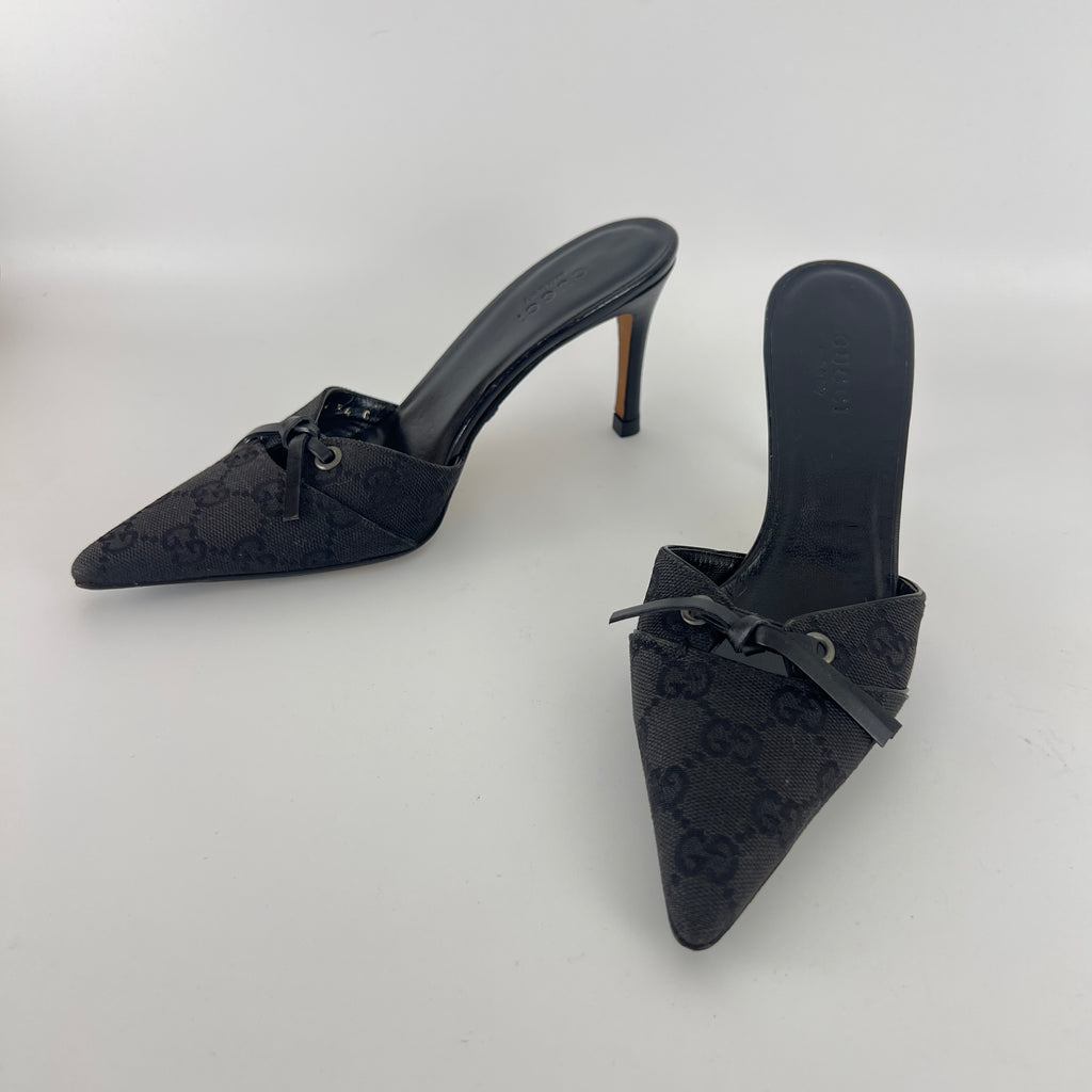 Gucci | Tom Ford Era Black GG Monogram Canvas Ribbon Pointed Toe Mules (34)