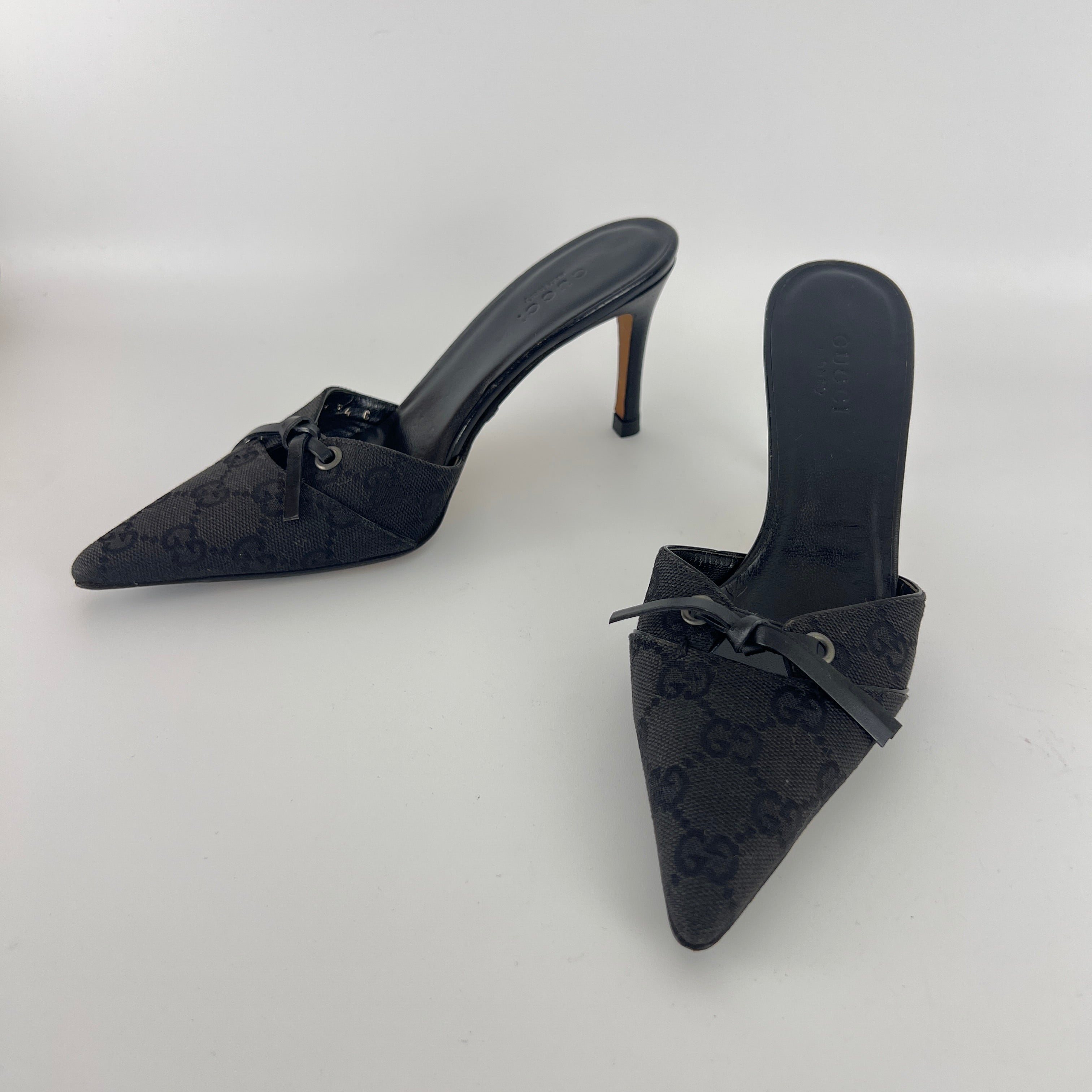Gucci | Tom Ford Era Black GG Monogram Canvas Ribbon Pointed Toe Mules (34)
