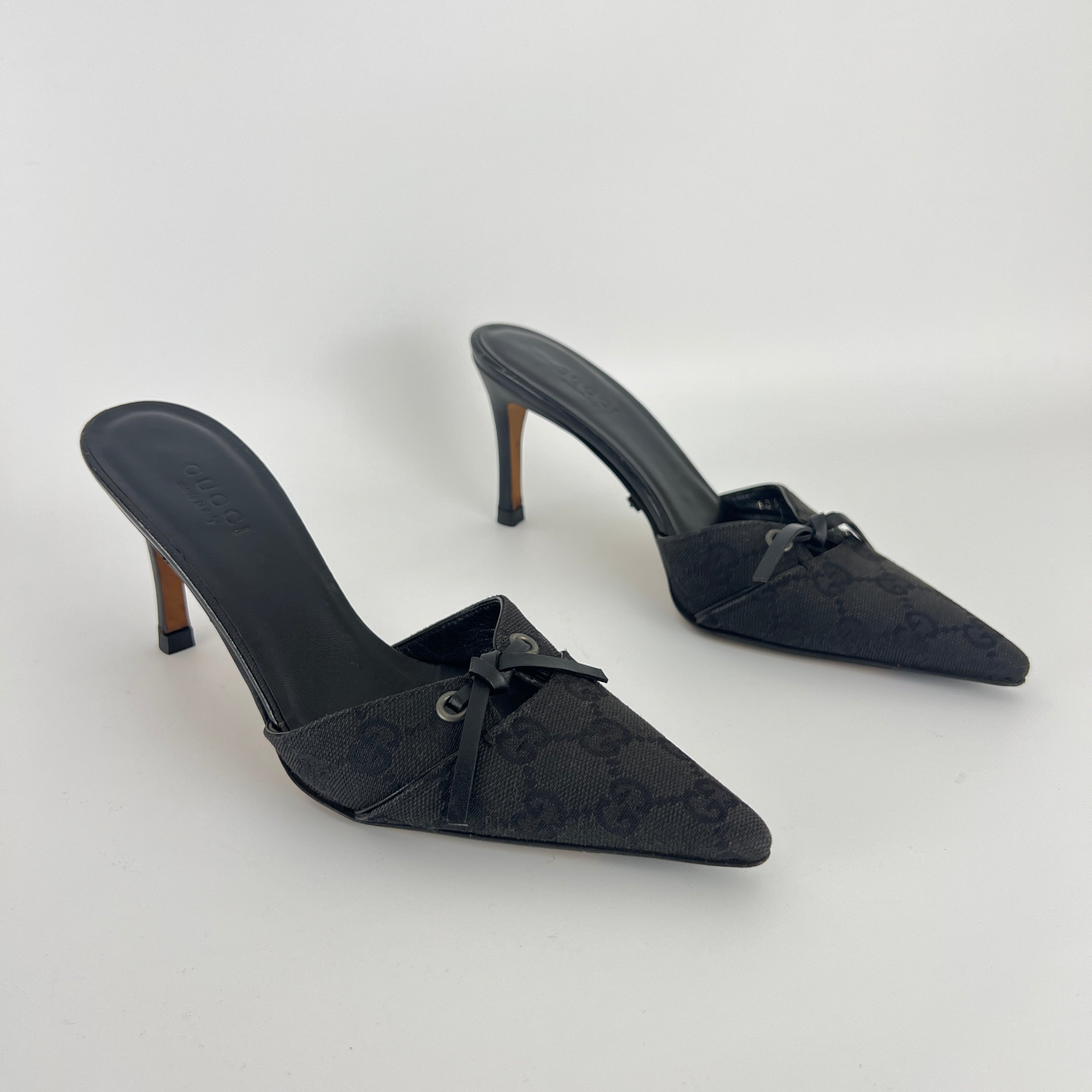 Gucci | Tom Ford Era Black GG Monogram Canvas Ribbon Pointed Toe Mules (34)