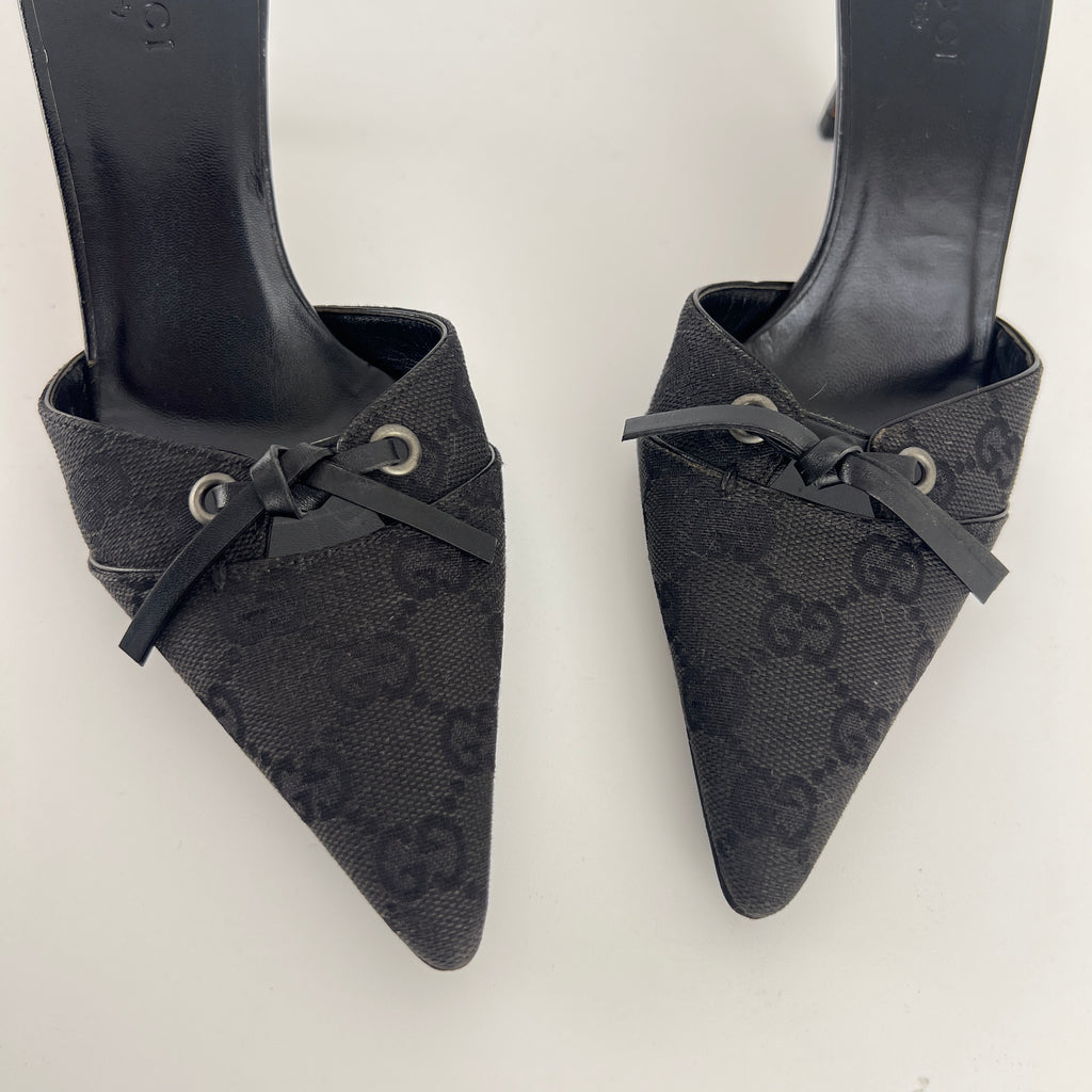 Gucci | Tom Ford Era Black GG Monogram Canvas Ribbon Pointed Toe Mules (34)