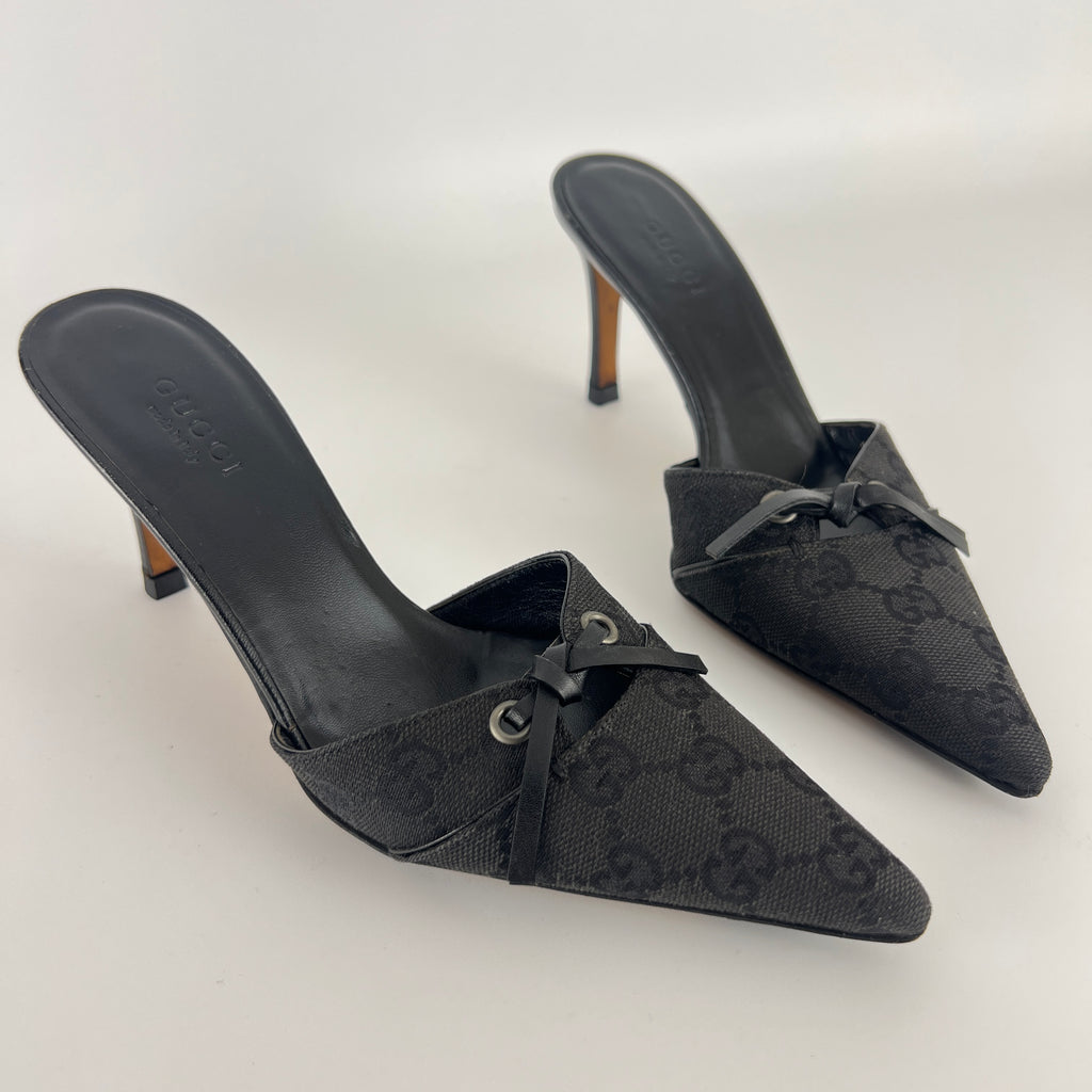 Gucci | Tom Ford Era Black GG Monogram Canvas Ribbon Pointed Toe Mules (34)