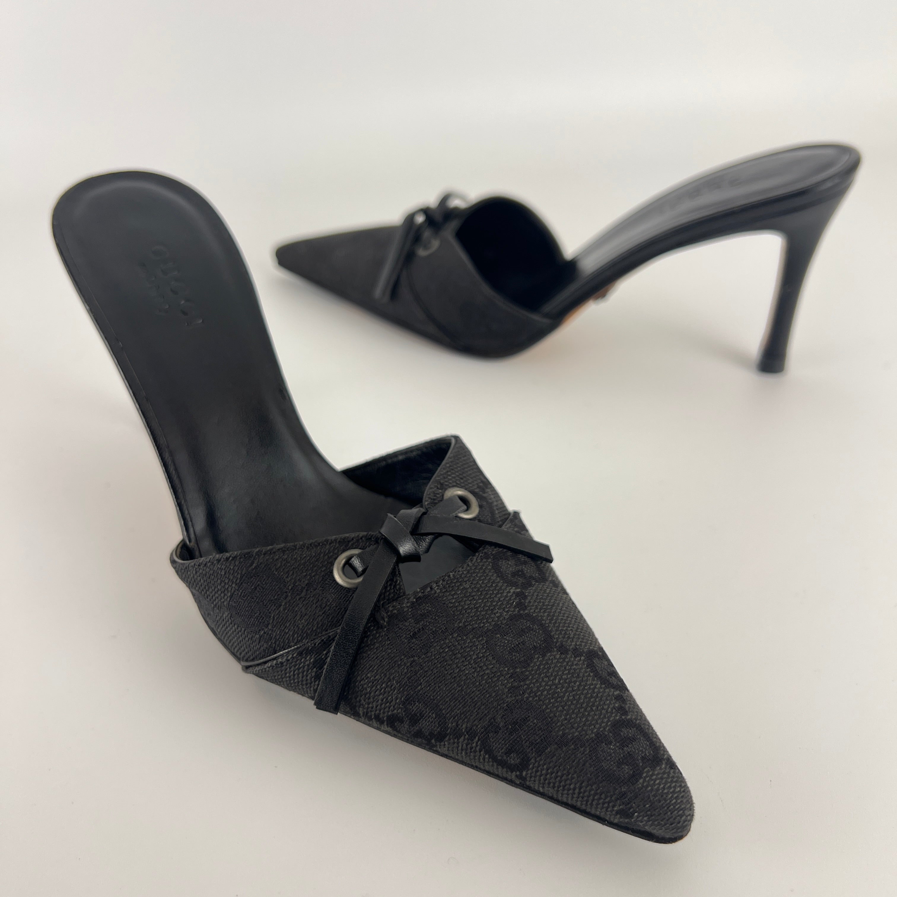 Gucci | Tom Ford Era Black GG Monogram Canvas Ribbon Pointed Toe Mules (34)