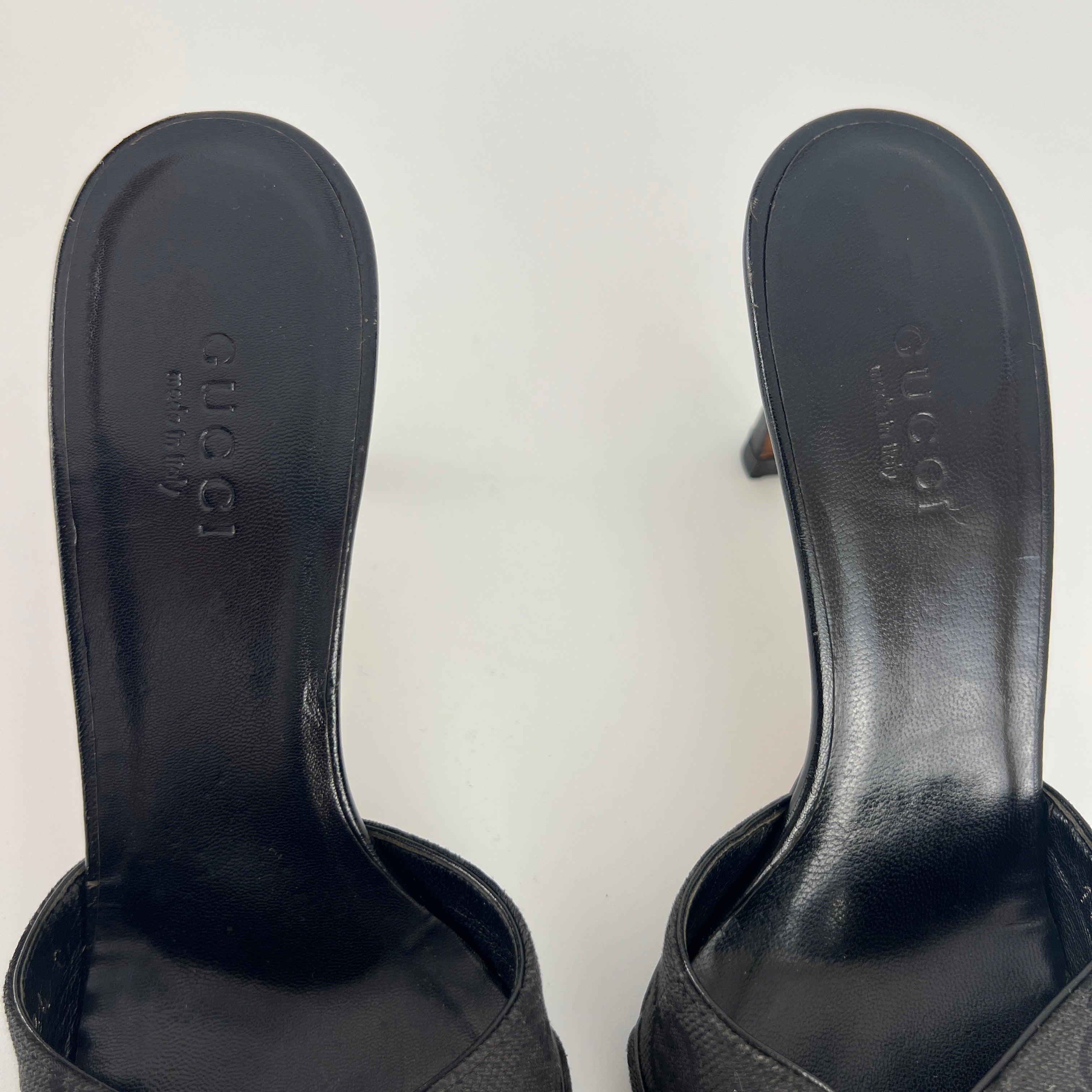 Gucci | Tom Ford Era Black GG Monogram Canvas Ribbon Pointed Toe Mules (34)