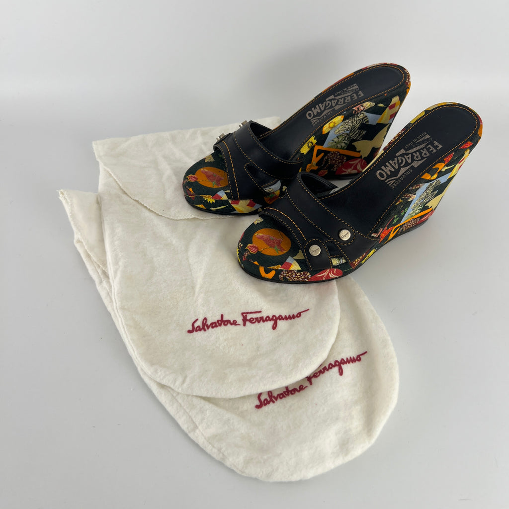 Ferragamo | Tropical Multicolor Print Canvas Black Leather Wedge Heels (36.5 / 22.5)