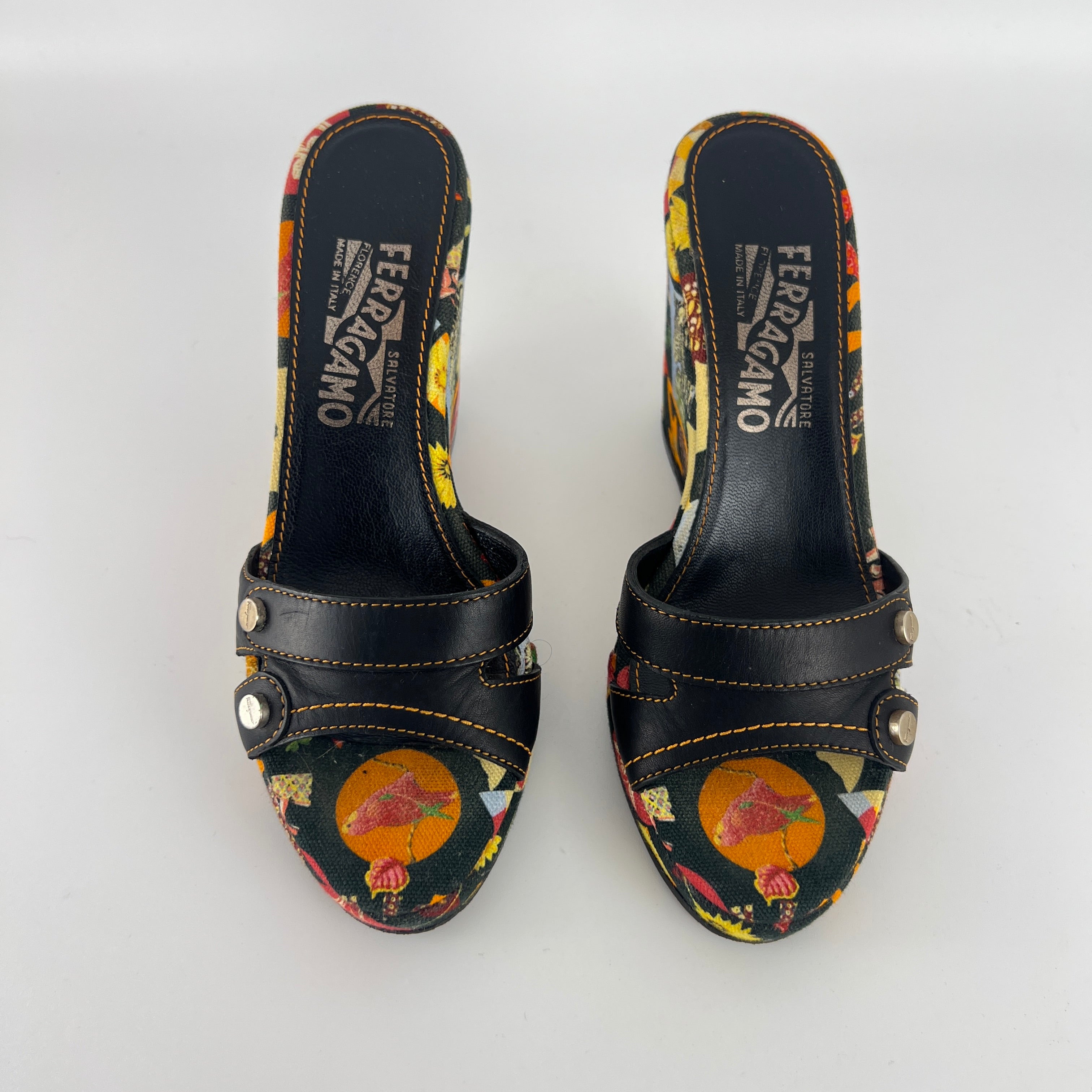 Ferragamo | Tropical Multicolor Print Canvas Black Leather Wedge Heels (36.5 / 22.5)