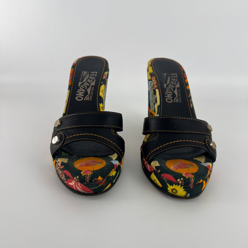 Ferragamo | Tropical Multicolor Print Canvas Black Leather Wedge Heels (36.5 / 22.5)