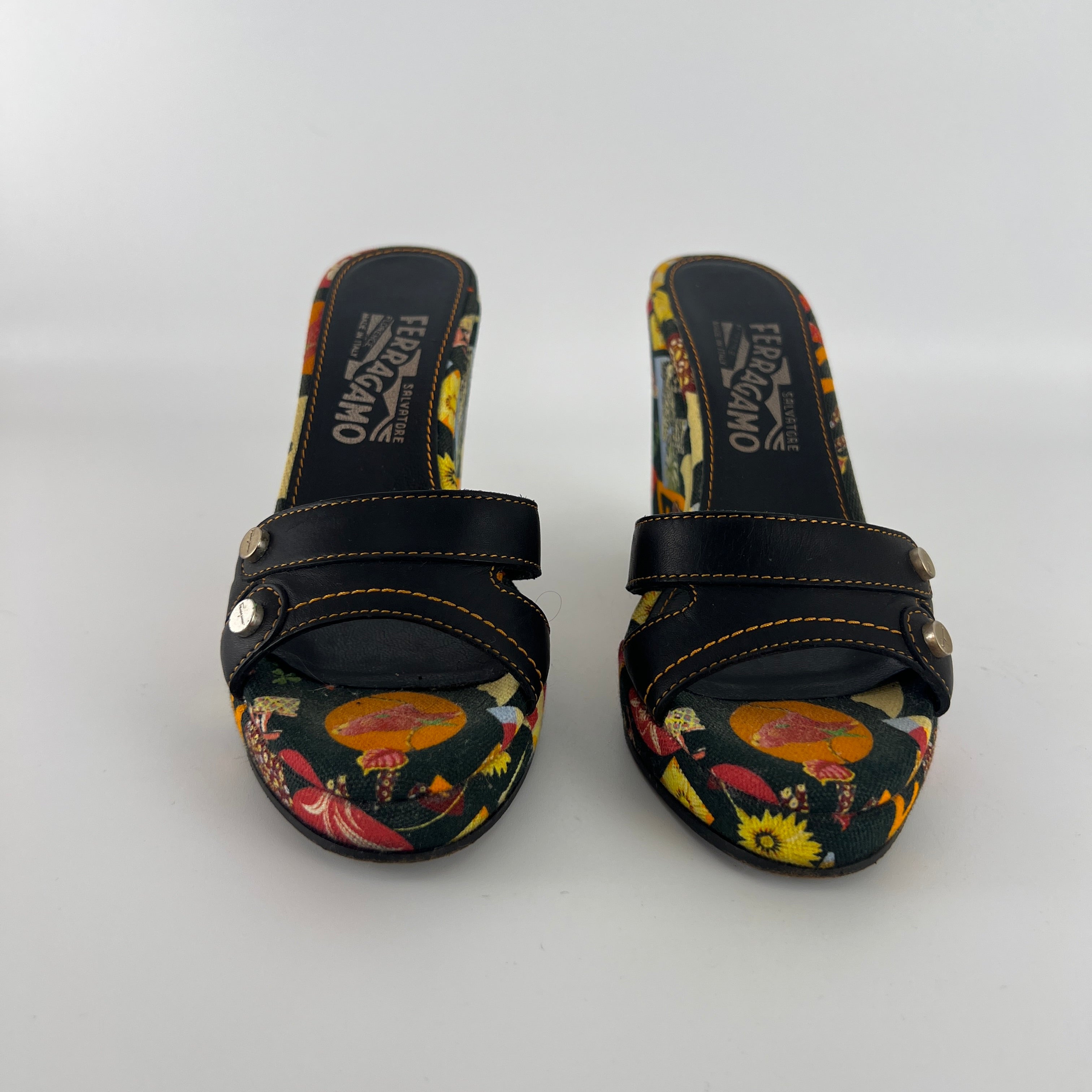 Ferragamo | Tropical Multicolor Print Canvas Black Leather Wedge Heels (36.5 / 22.5)