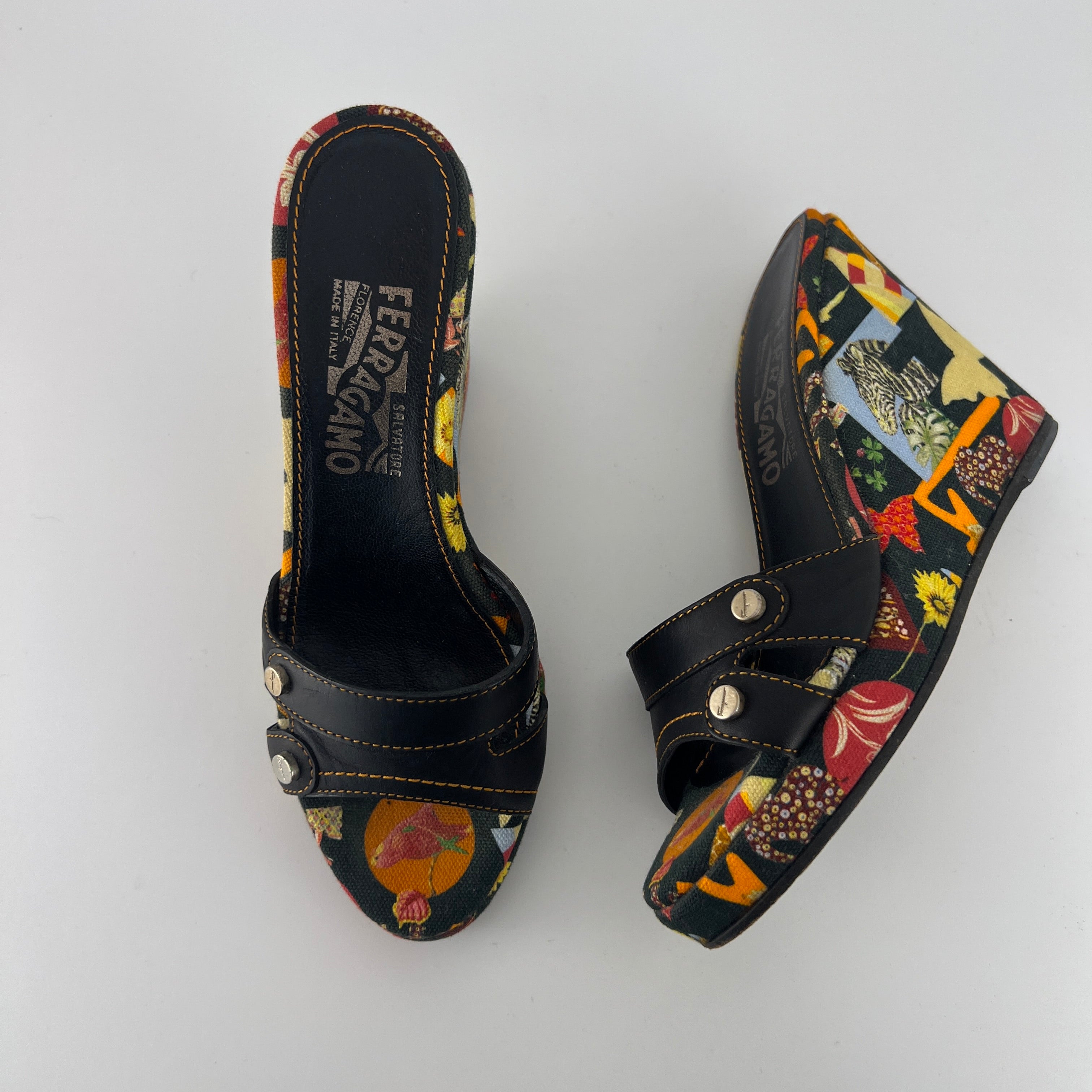 Ferragamo | Tropical Multicolor Print Canvas Black Leather Wedge Heels (36.5 / 22.5)