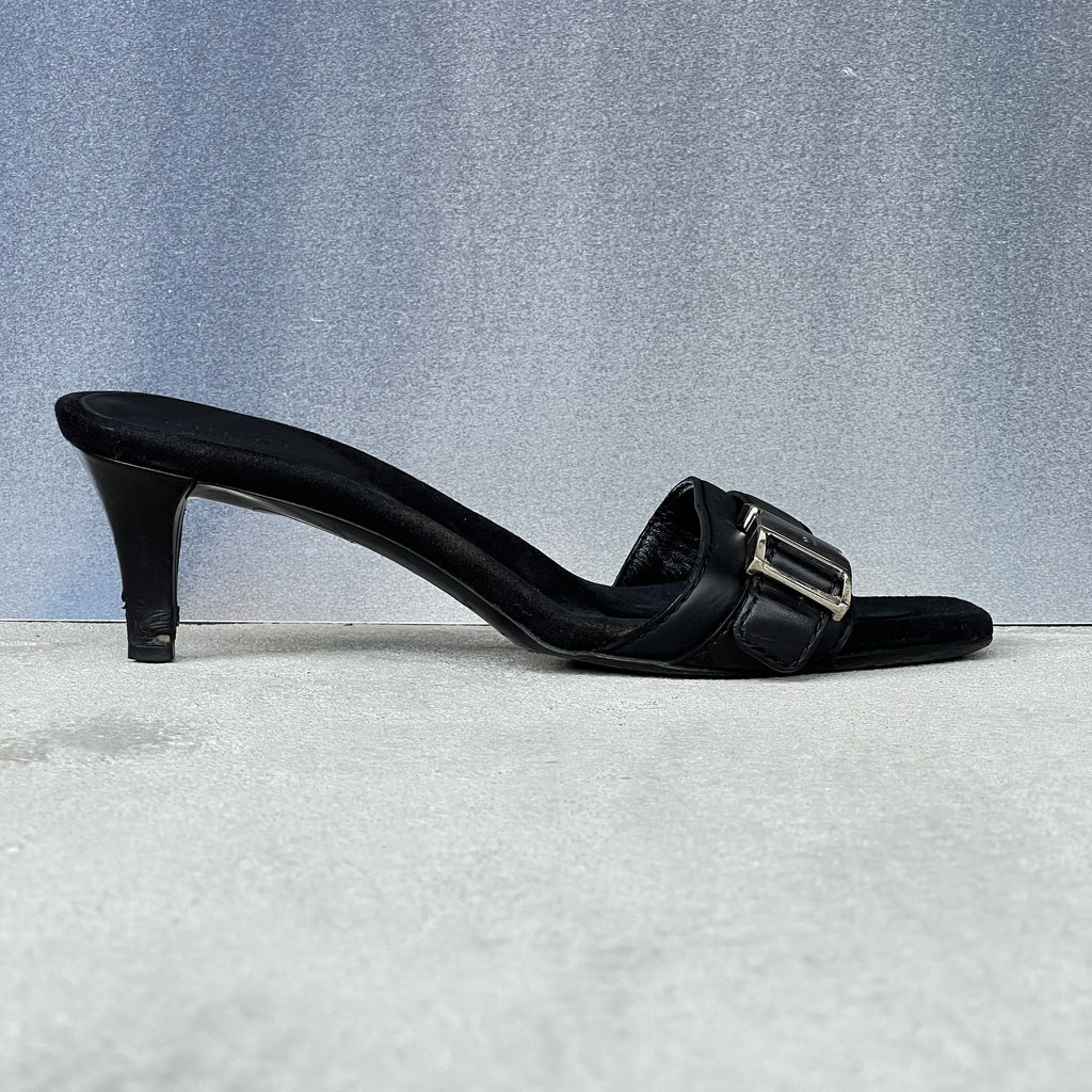 Gucci | Vintage Black Leather Silver Logo Buckle Slide Mules (35.5)