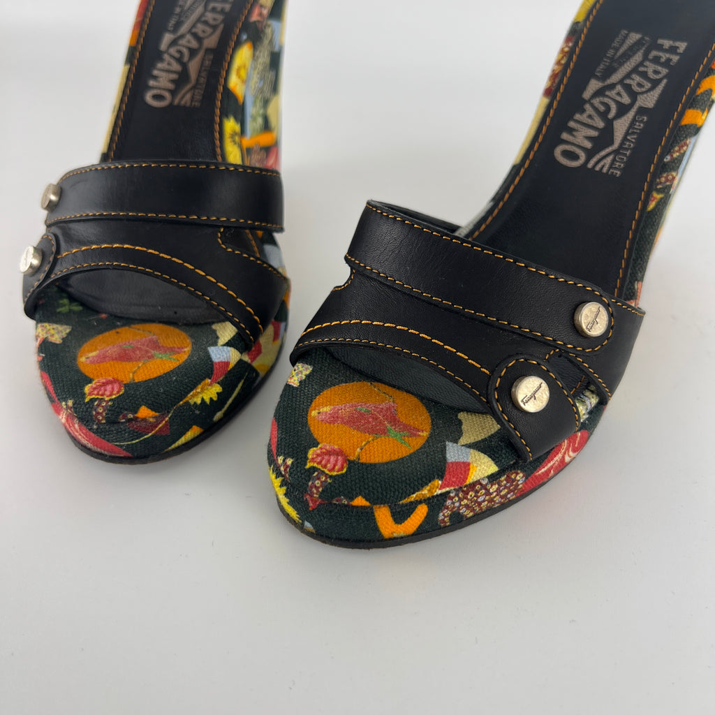 Ferragamo | Tropical Multicolor Print Canvas Black Leather Wedge Heels (36.5 / 22.5)