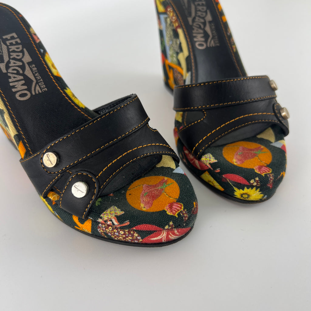Ferragamo | Tropical Multicolor Print Canvas Black Leather Wedge Heels (36.5 / 22.5)