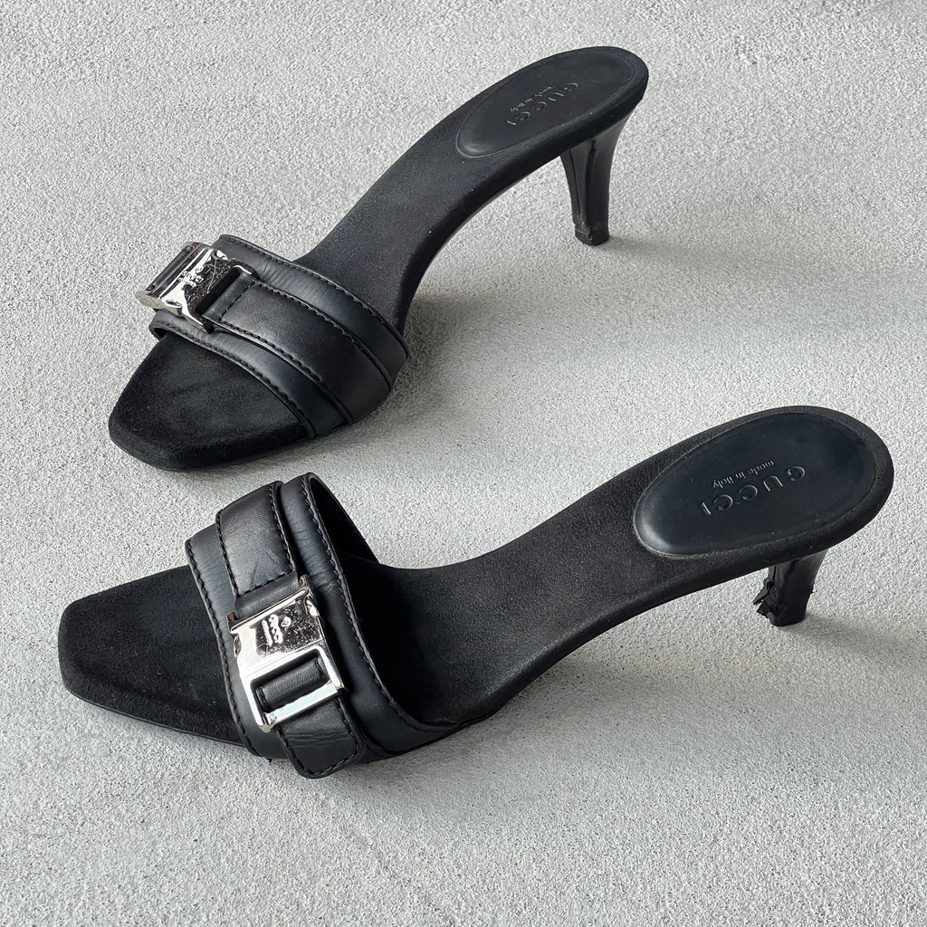 Gucci | Vintage Black Leather Silver Logo Buckle Slide Mules (35.5)
