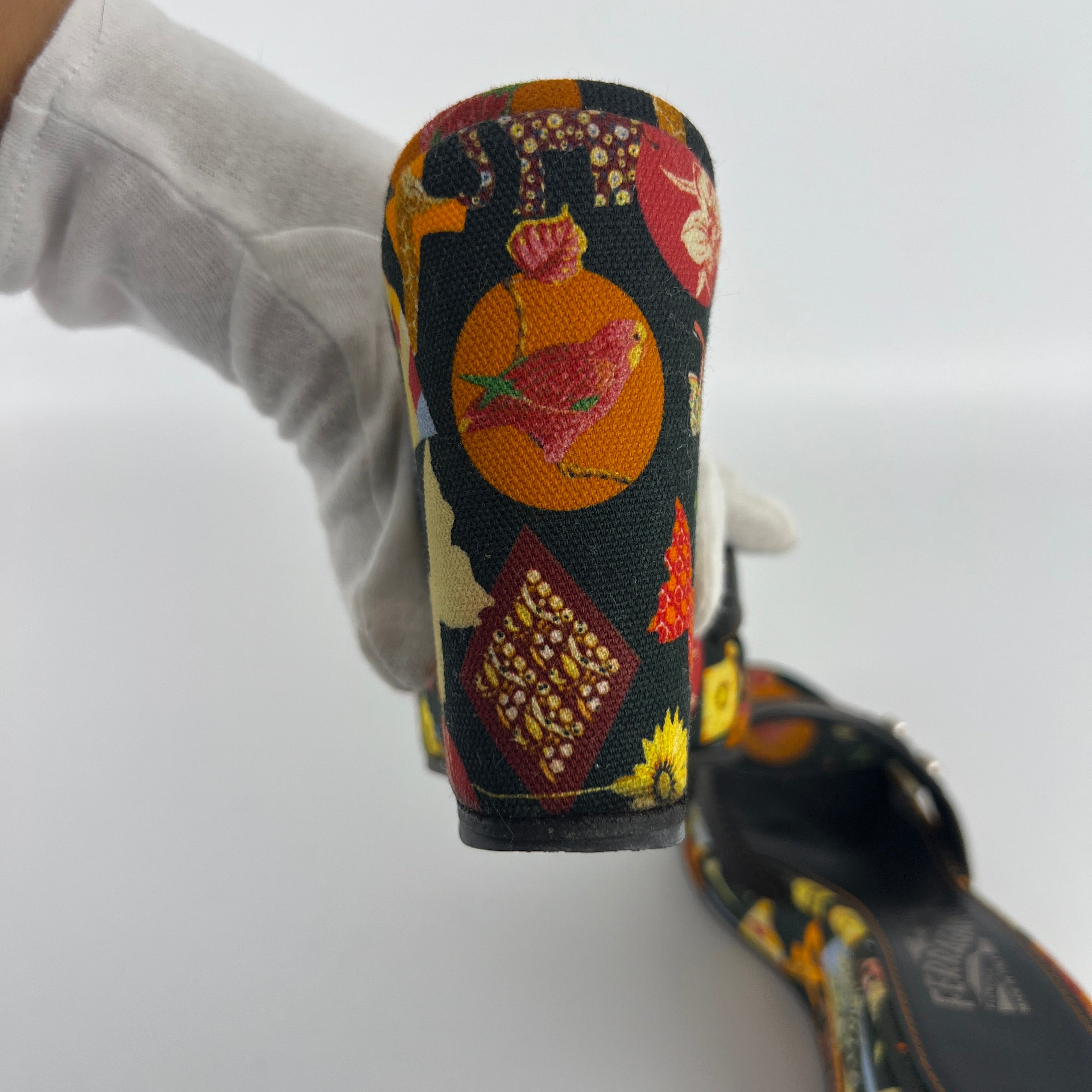 Ferragamo | Tropical Multicolor Print Canvas Black Leather Wedge Heels (36.5 / 22.5)