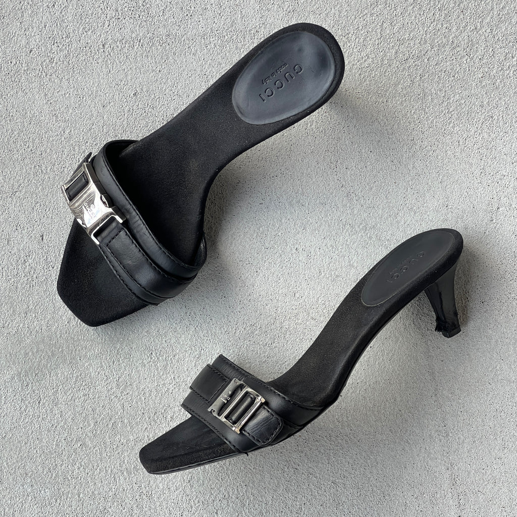 Gucci | Vintage Black Leather Silver Logo Buckle Slide Mules (35.5)