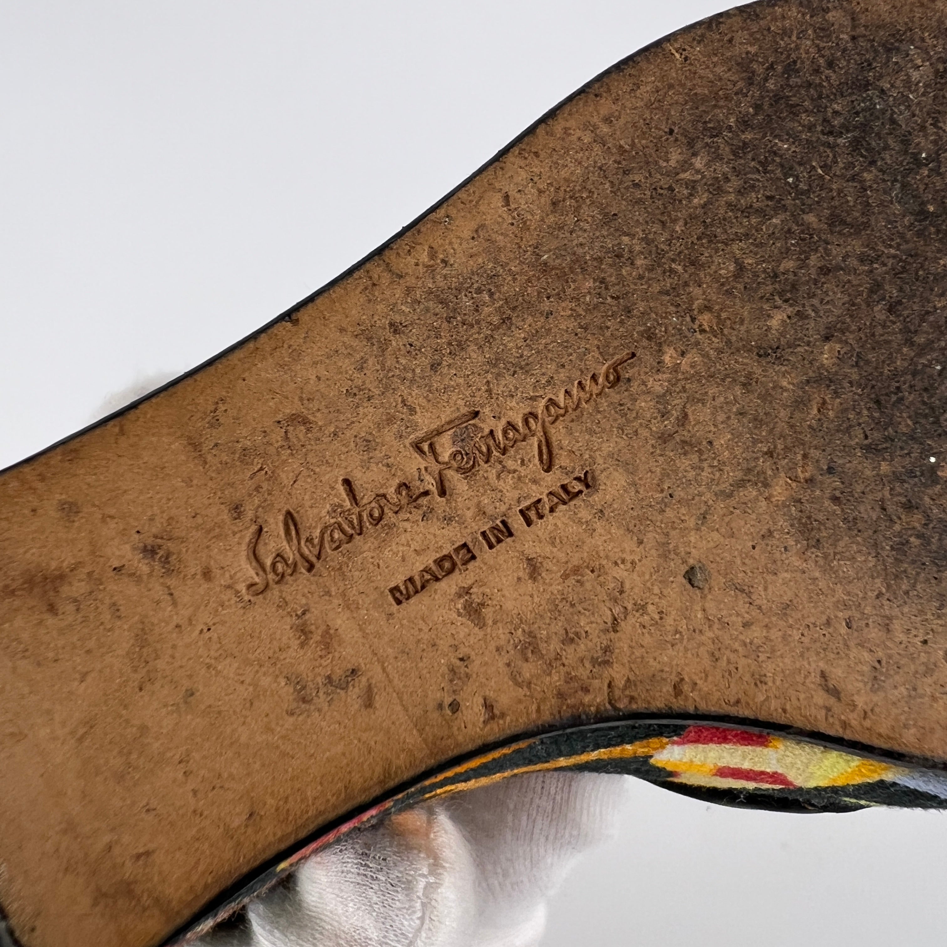 Ferragamo | Tropical Multicolor Print Canvas Black Leather Wedge Heels (36.5 / 22.5)