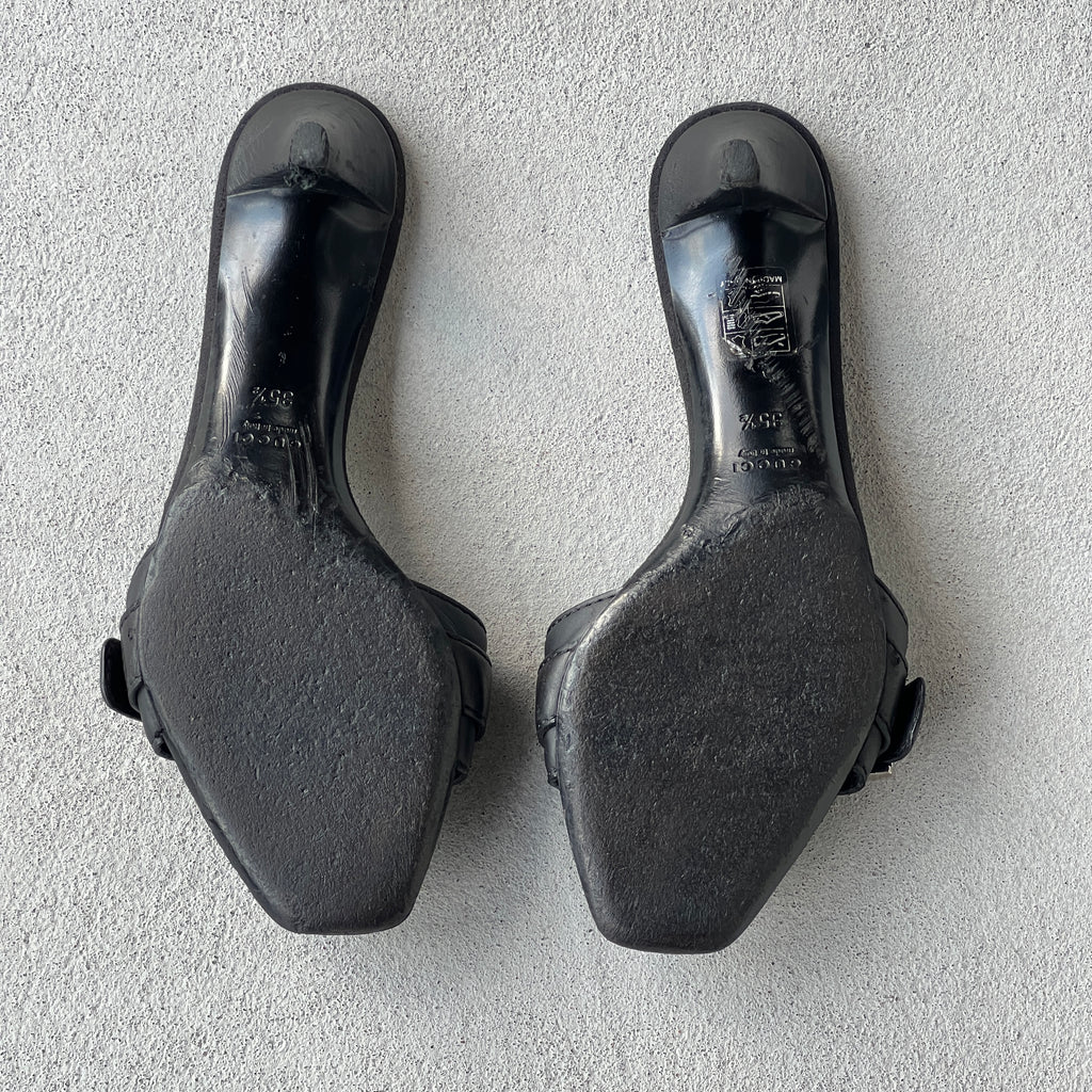 Gucci | Vintage Black Leather Silver Logo Buckle Slide Mules (35.5)