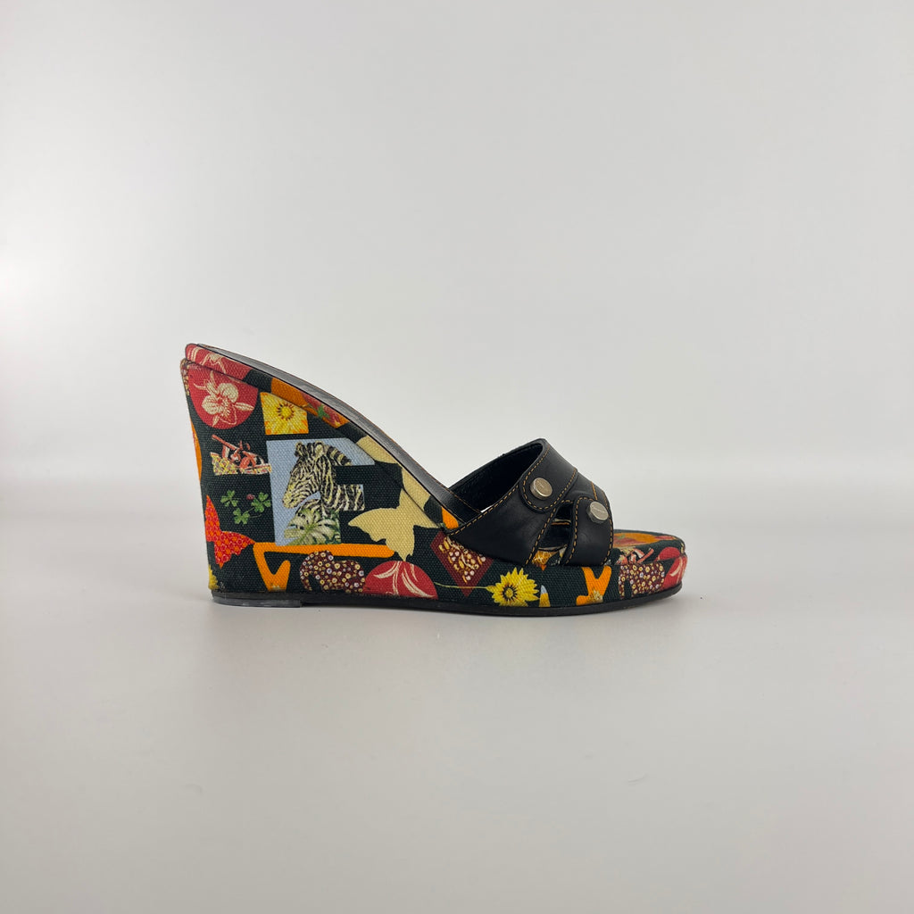 Ferragamo | Tropical Multicolor Print Canvas Black Leather Wedge Heels (36.5 / 22.5)