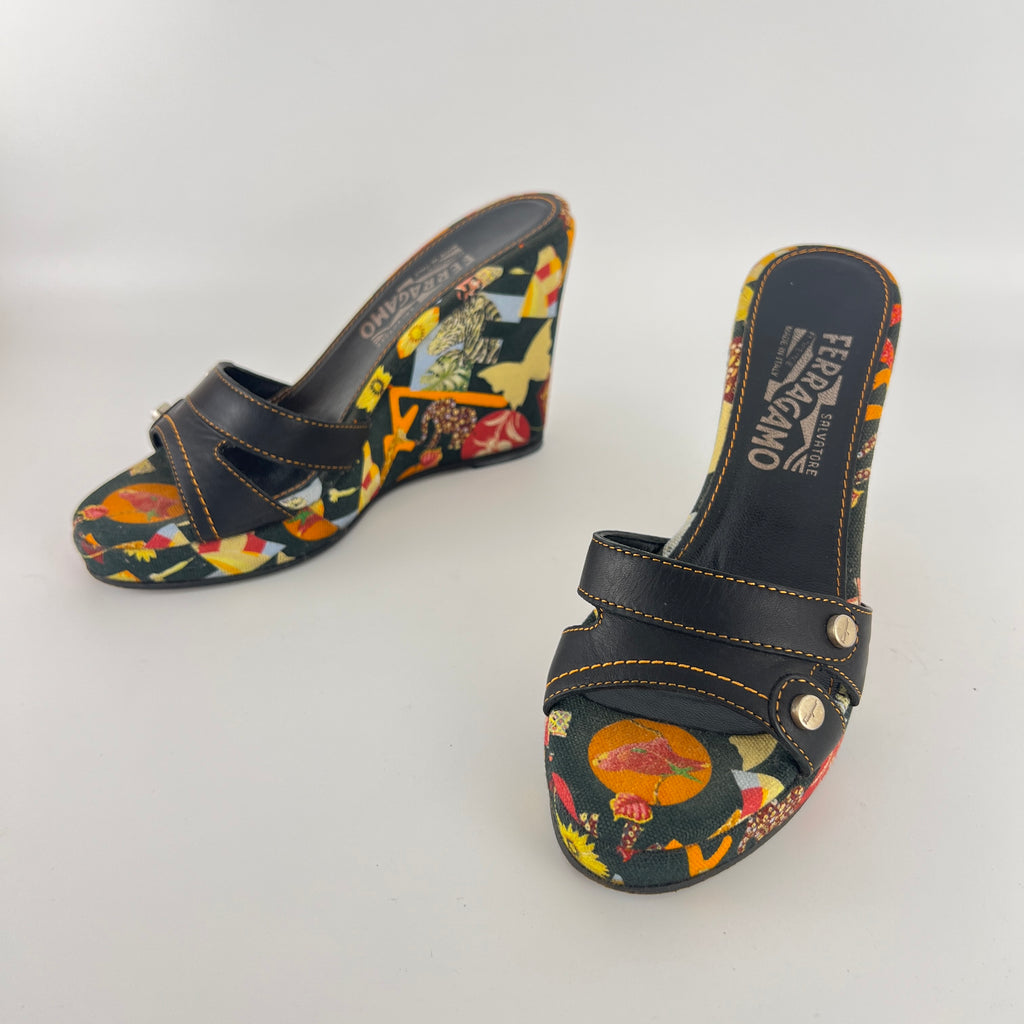 Ferragamo | Tropical Multicolor Print Canvas Black Leather Wedge Heels (36.5 / 22.5)