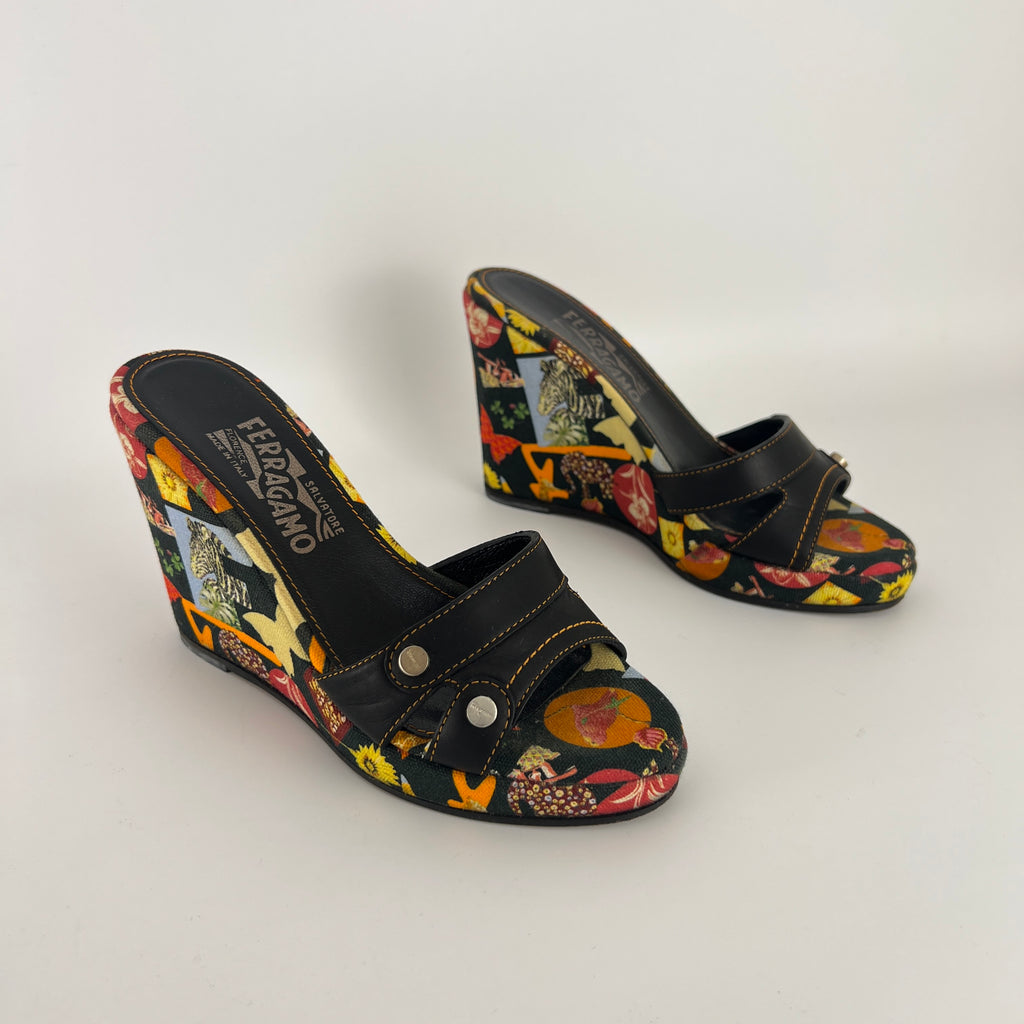 Ferragamo | Tropical Multicolor Print Canvas Black Leather Wedge Heels (36.5 / 22.5)