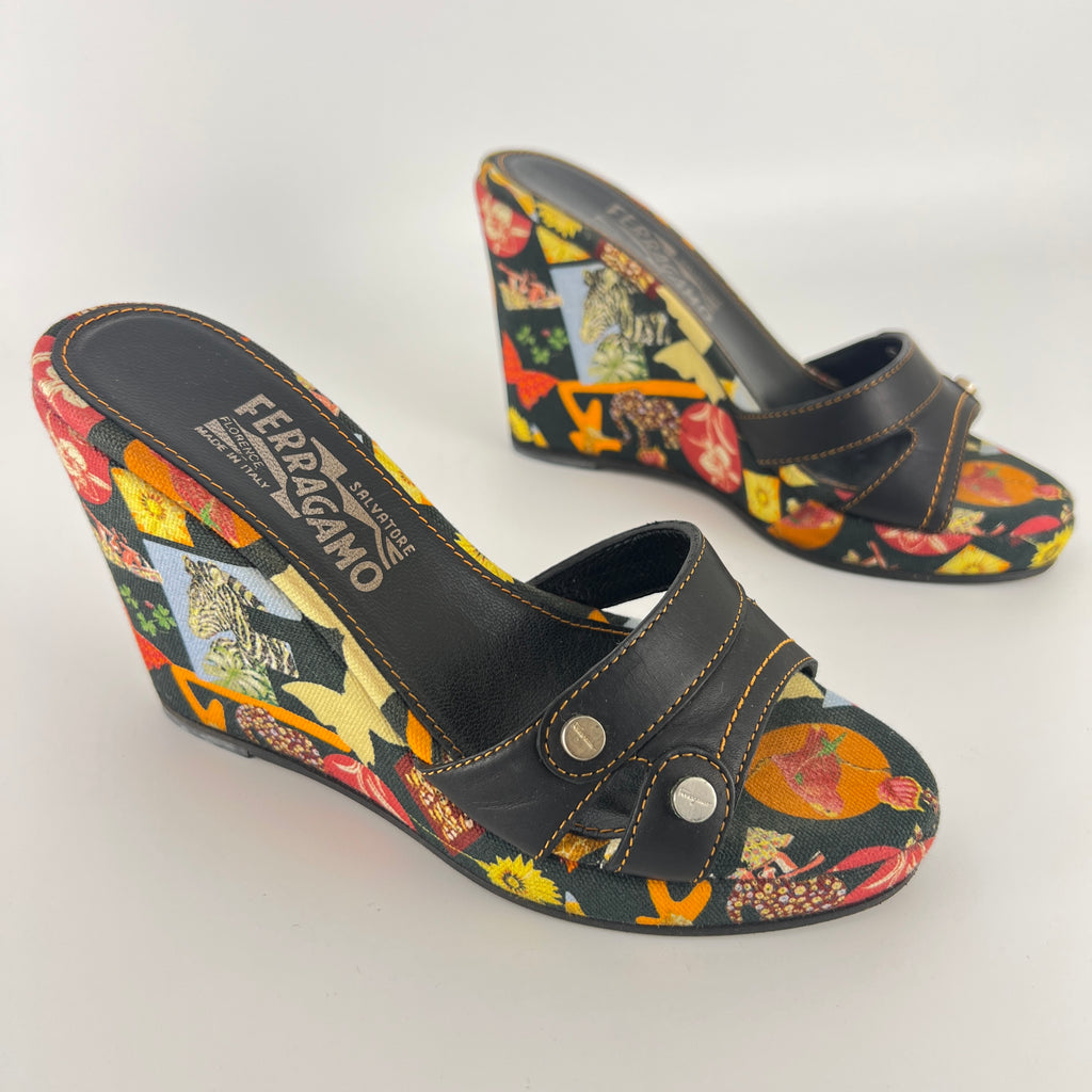 Ferragamo | Tropical Multicolor Print Canvas Black Leather Wedge Heels (36.5 / 22.5)