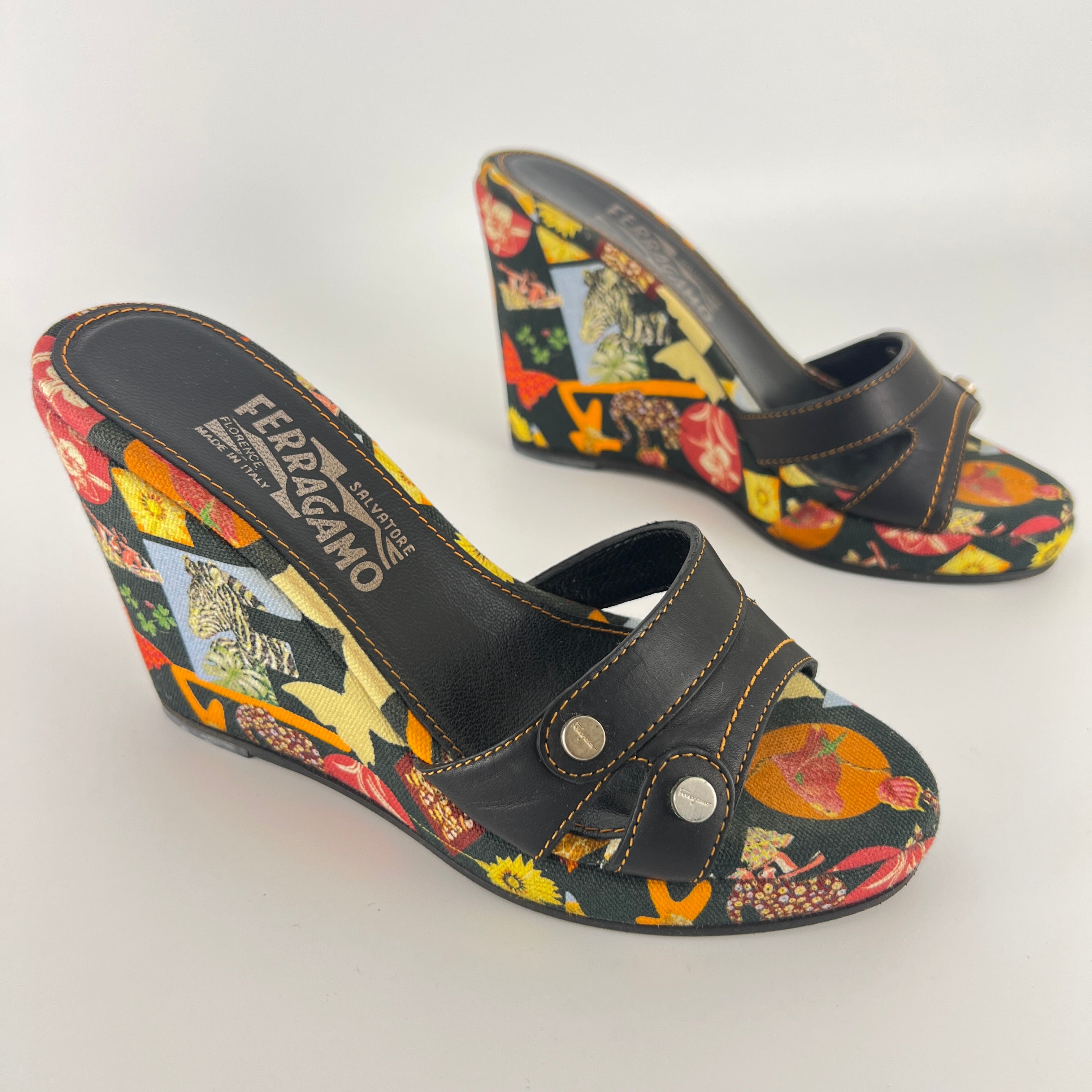 Ferragamo | Tropical Multicolor Print Canvas Black Leather Wedge Heels (36.5 / 22.5)