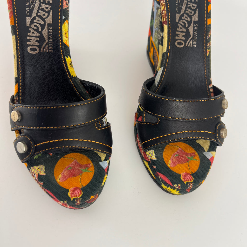 Ferragamo | Tropical Multicolor Print Canvas Black Leather Wedge Heels (36.5 / 22.5)