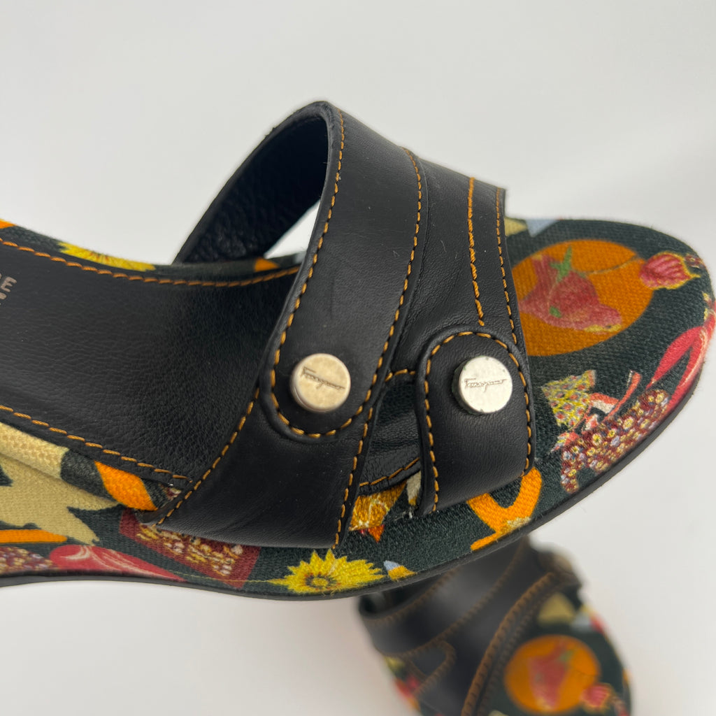Ferragamo | Tropical Multicolor Print Canvas Black Leather Wedge Heels (36.5 / 22.5)