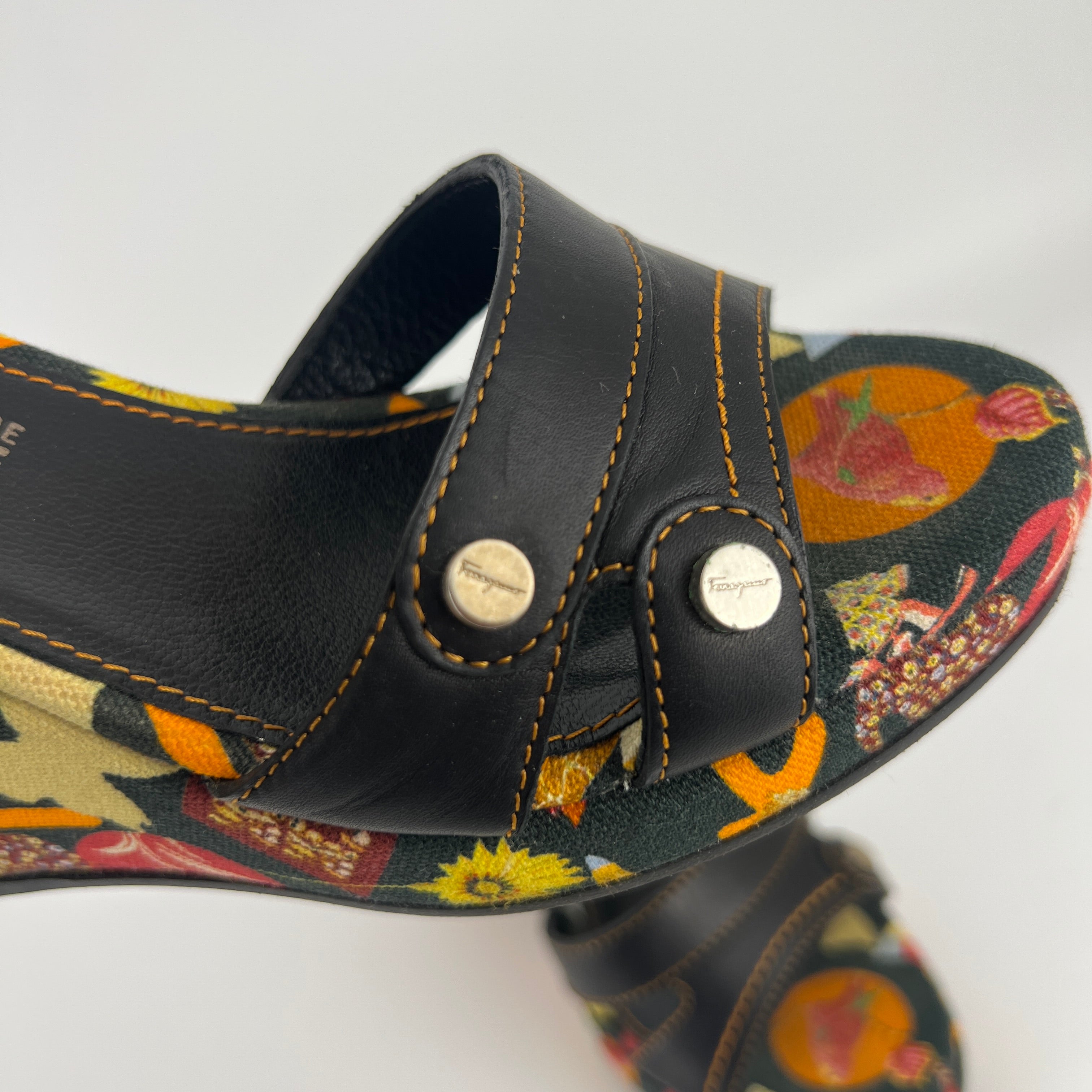 Ferragamo | Tropical Multicolor Print Canvas Black Leather Wedge Heels (36.5 / 22.5)