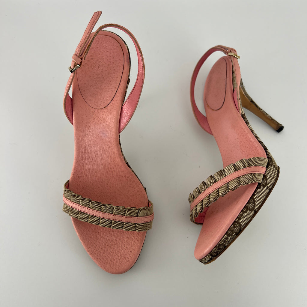 Gucci | Vintage Y2K Pink Leather Tan GG Monogram Pattern Slingback Heels (37.5)