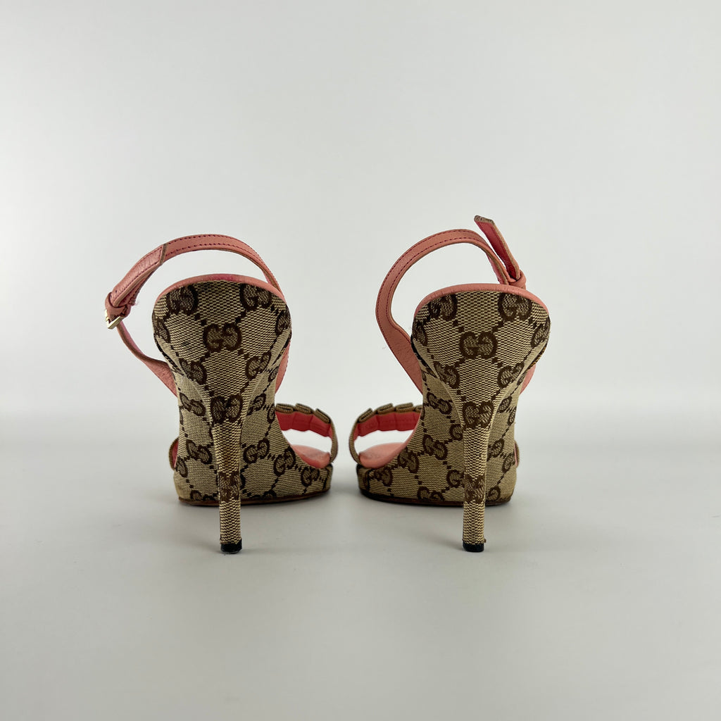 Gucci | Vintage Y2K Pink Leather Tan GG Monogram Pattern Slingback Heels (37.5)