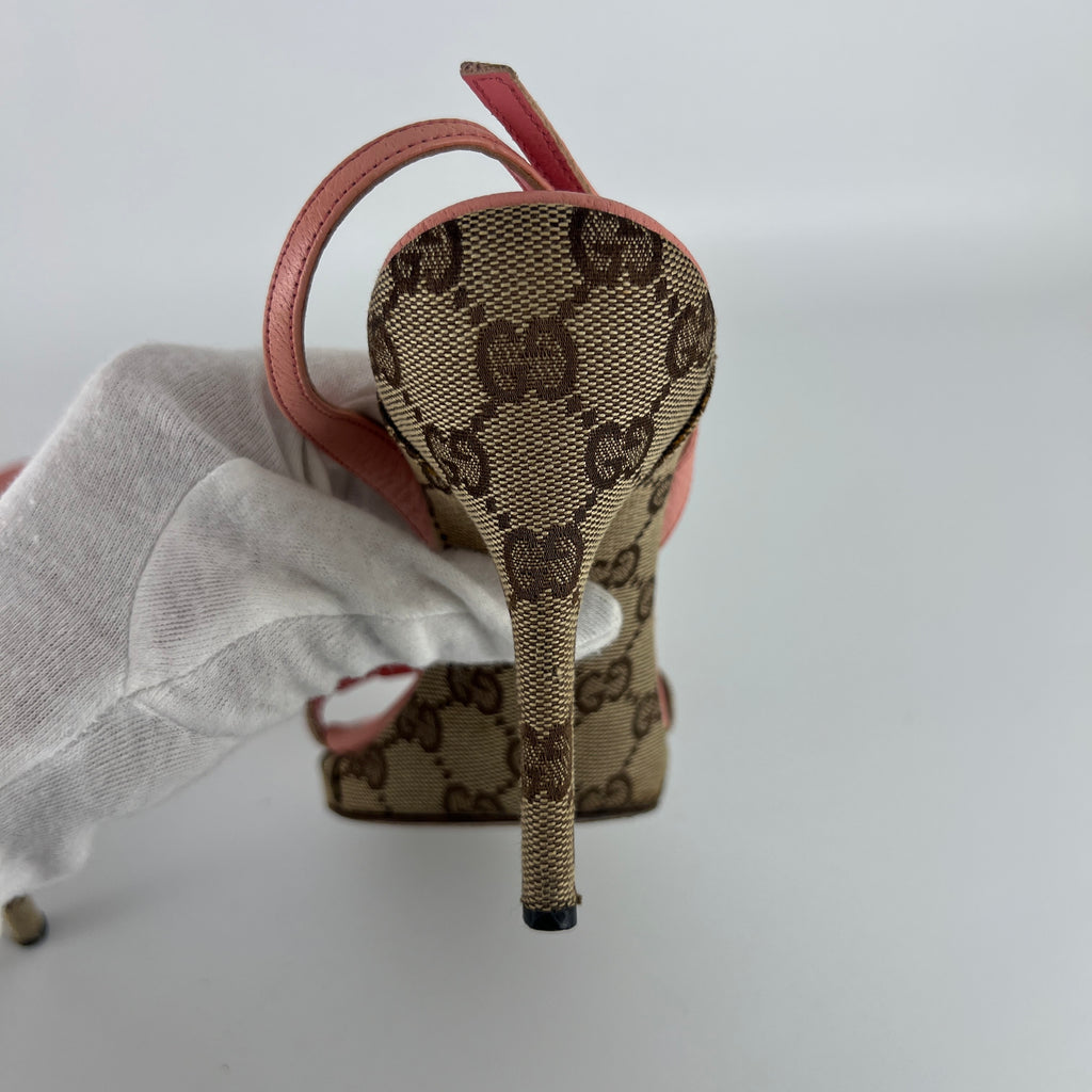Gucci | Vintage Y2K Pink Leather Tan GG Monogram Pattern Slingback Heels (37.5)