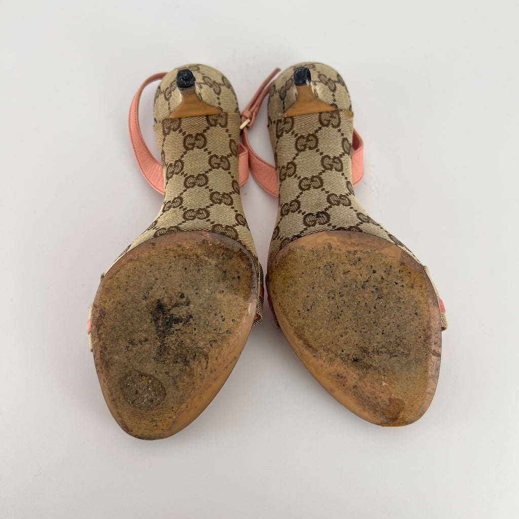Gucci | Vintage Y2K Pink Leather Tan GG Monogram Pattern Slingback Heels (37.5)