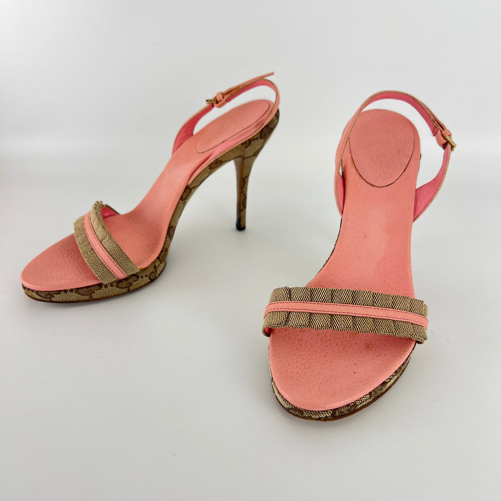 Gucci | Vintage Y2K Pink Leather Tan GG Monogram Pattern Slingback Heels (37.5)