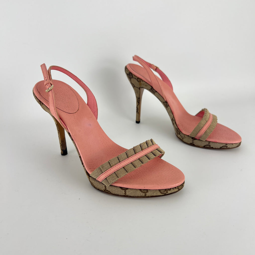 Gucci | Vintage Y2K Pink Leather Tan GG Monogram Pattern Slingback Heels (37.5)