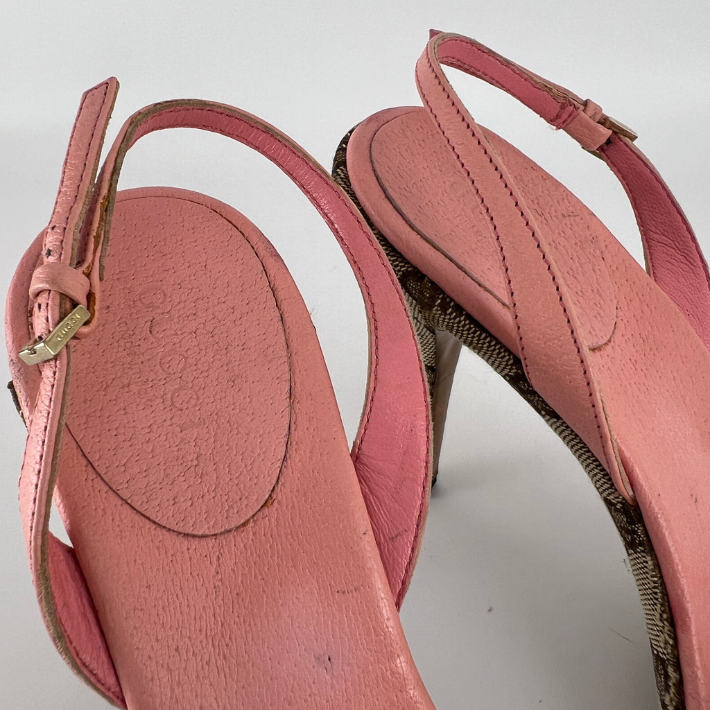 Gucci | Vintage Y2K Pink Leather Tan GG Monogram Pattern Slingback Heels (37.5)
