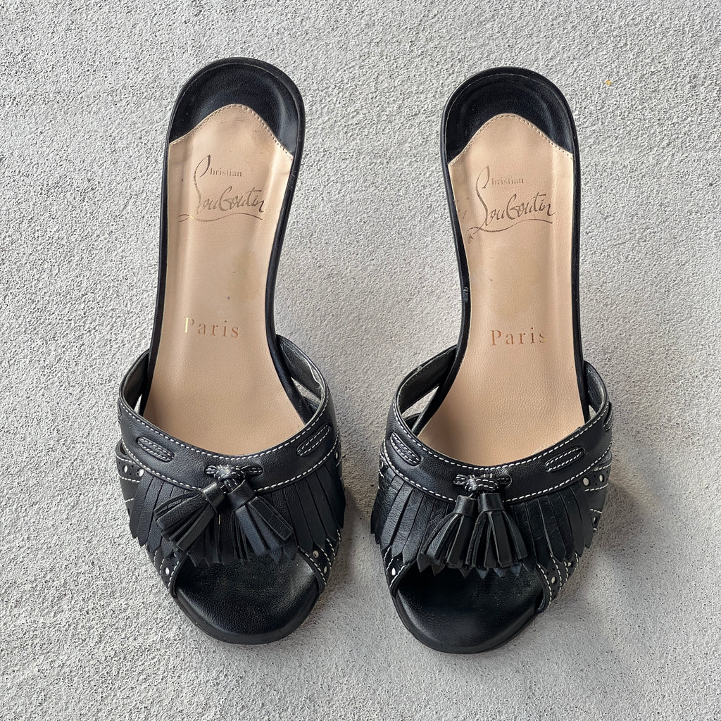 Louboutin | Black Leather Brogue Tassel Slide Mule (34)