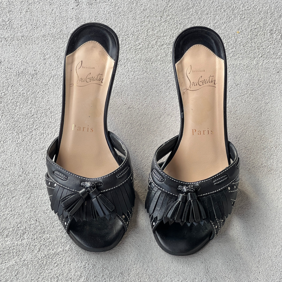 Louboutin | Black Leather Brogue Tassel Slide Mule (34)