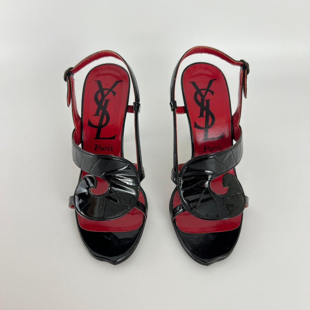 YSL Saint Laurent | Vintage Black Patent Leather Swirl Slingback Sandal Heels (35.5)