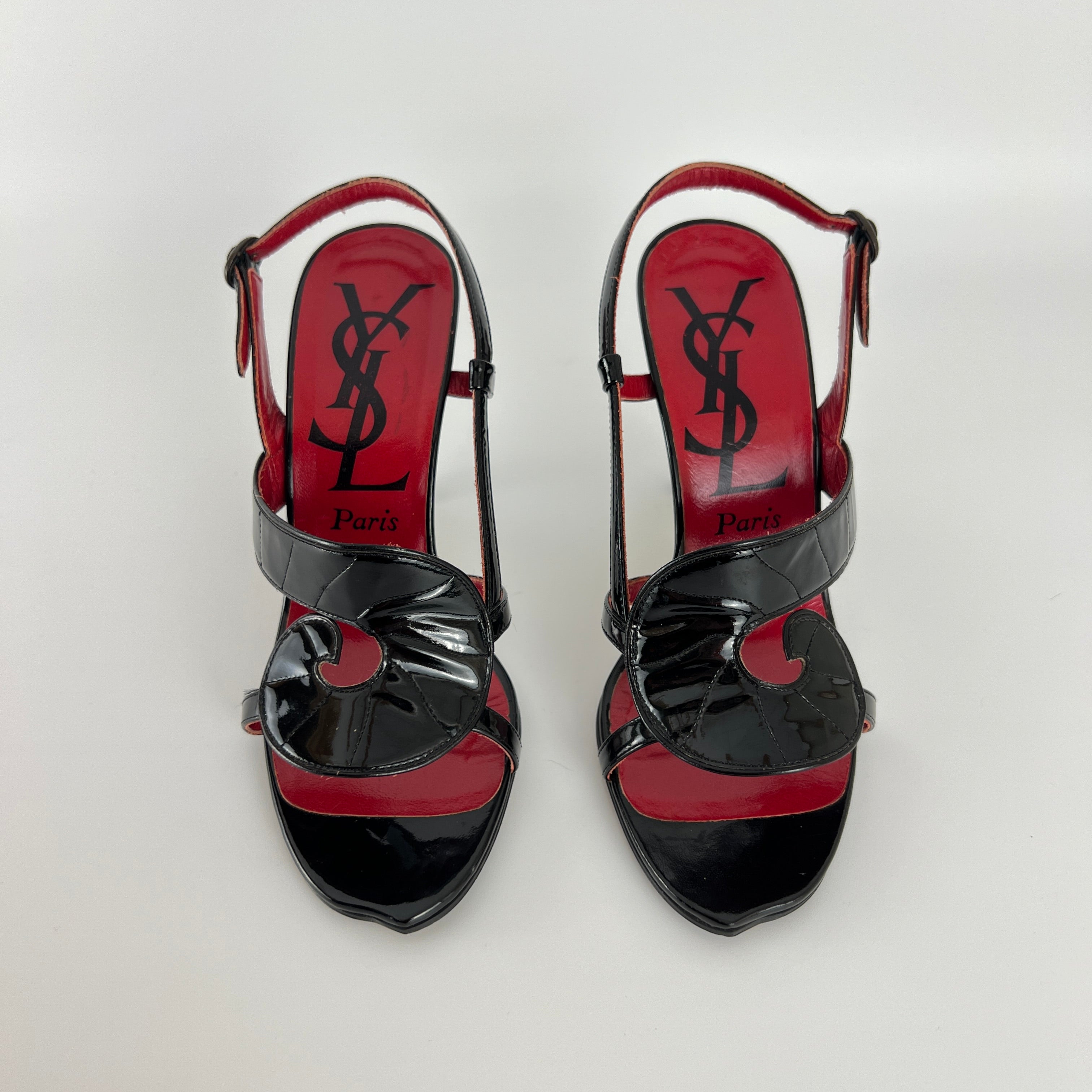 YSL Saint Laurent | Vintage Black Patent Leather Swirl Slingback Sandal Heels (35.5)