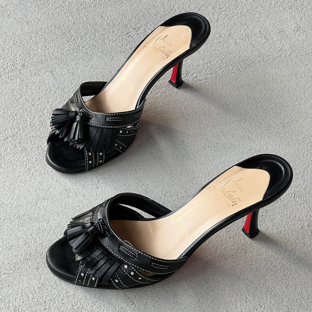 Louboutin | Black Leather Brogue Tassel Slide Mule (34)