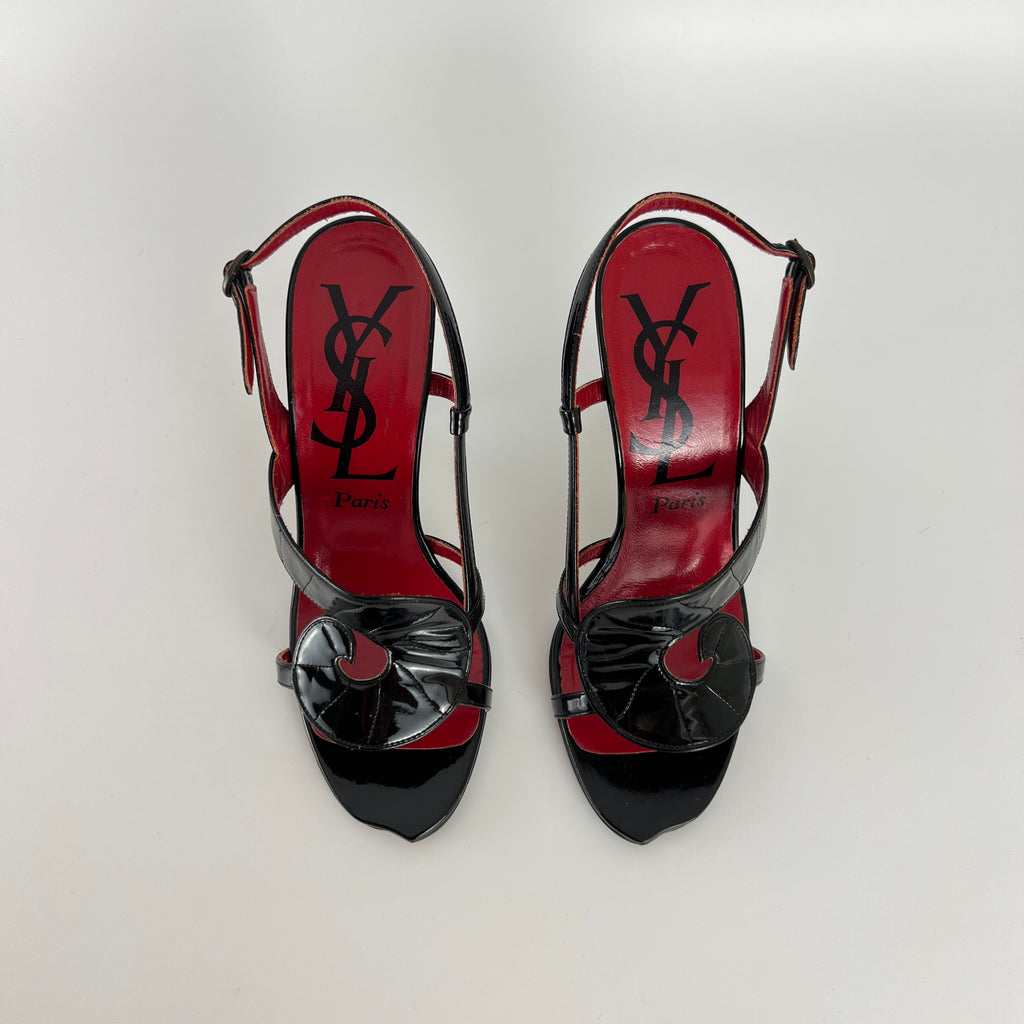 YSL Saint Laurent | Vintage Black Patent Leather Swirl Slingback Sandal Heels (35.5)